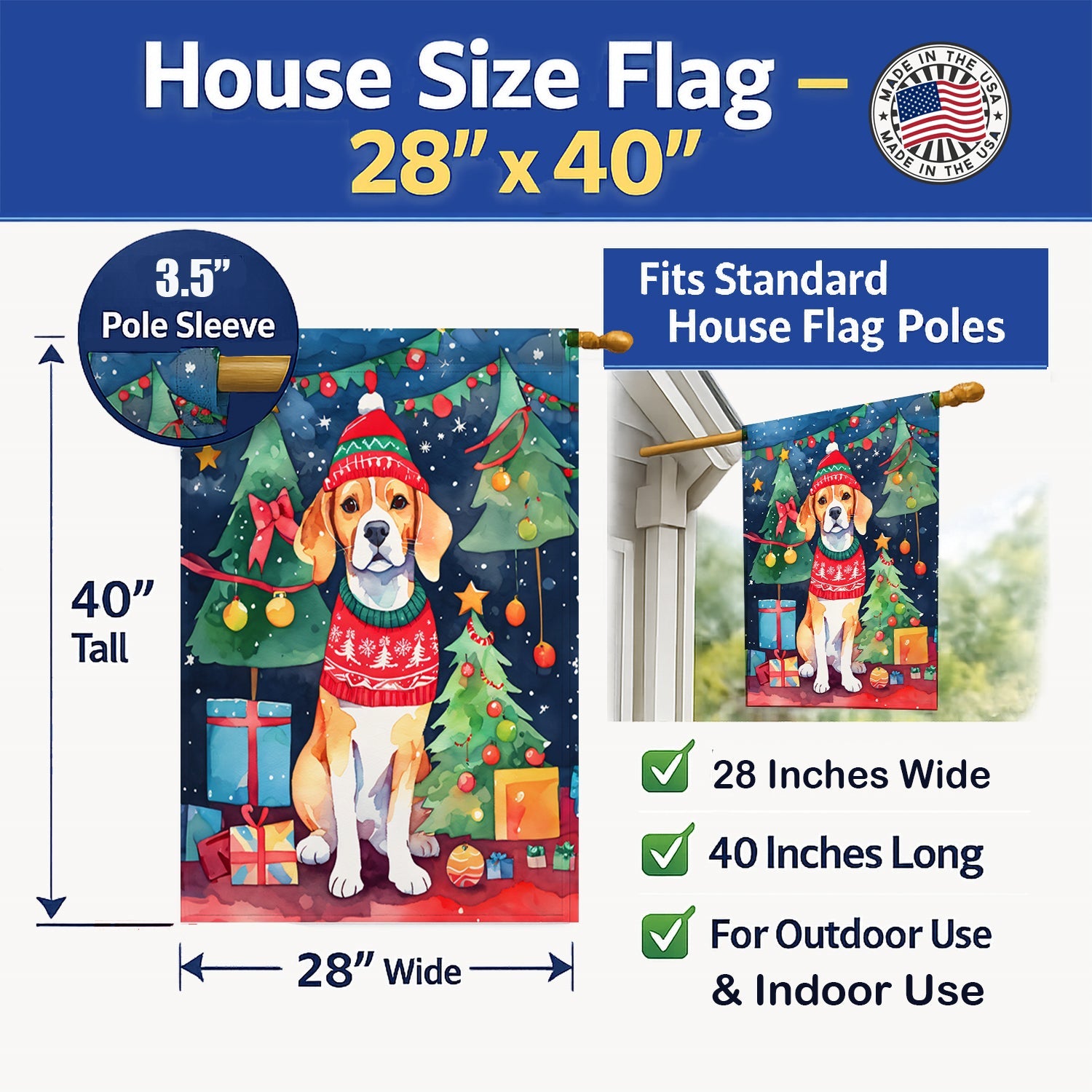 Beagle Christmas House Flag 28x40 Porch Sleeve Pole Decorative Outside Yard Banner Artwork Wall Hanging, Polyester