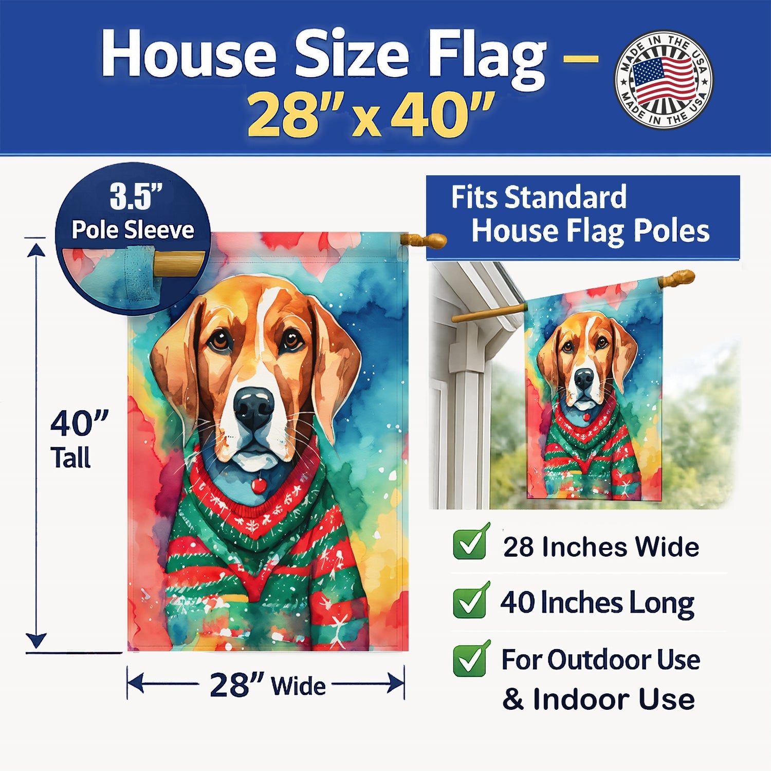 Beagle Christmas House Flag 28x40 Porch Sleeve Pole Decorative Outside Yard Banner Artwork Wall Hanging, Polyester