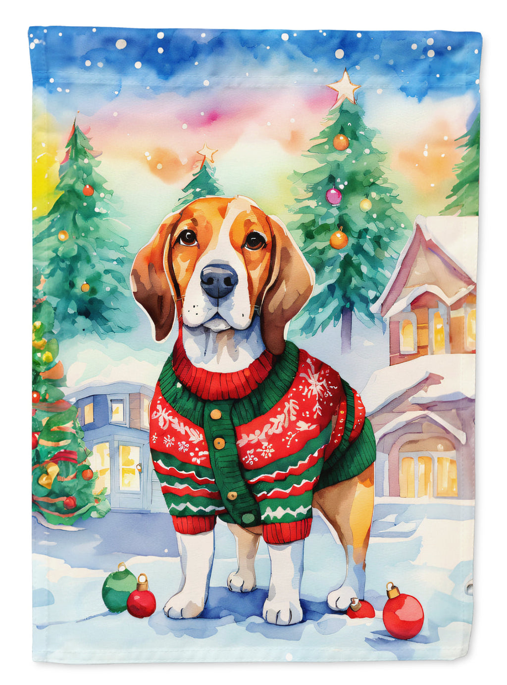 Beagle Christmas House Flag 28x40 Porch Sleeve Pole Decorative Outside Yard Banner Artwork Wall Hanging, Polyester
