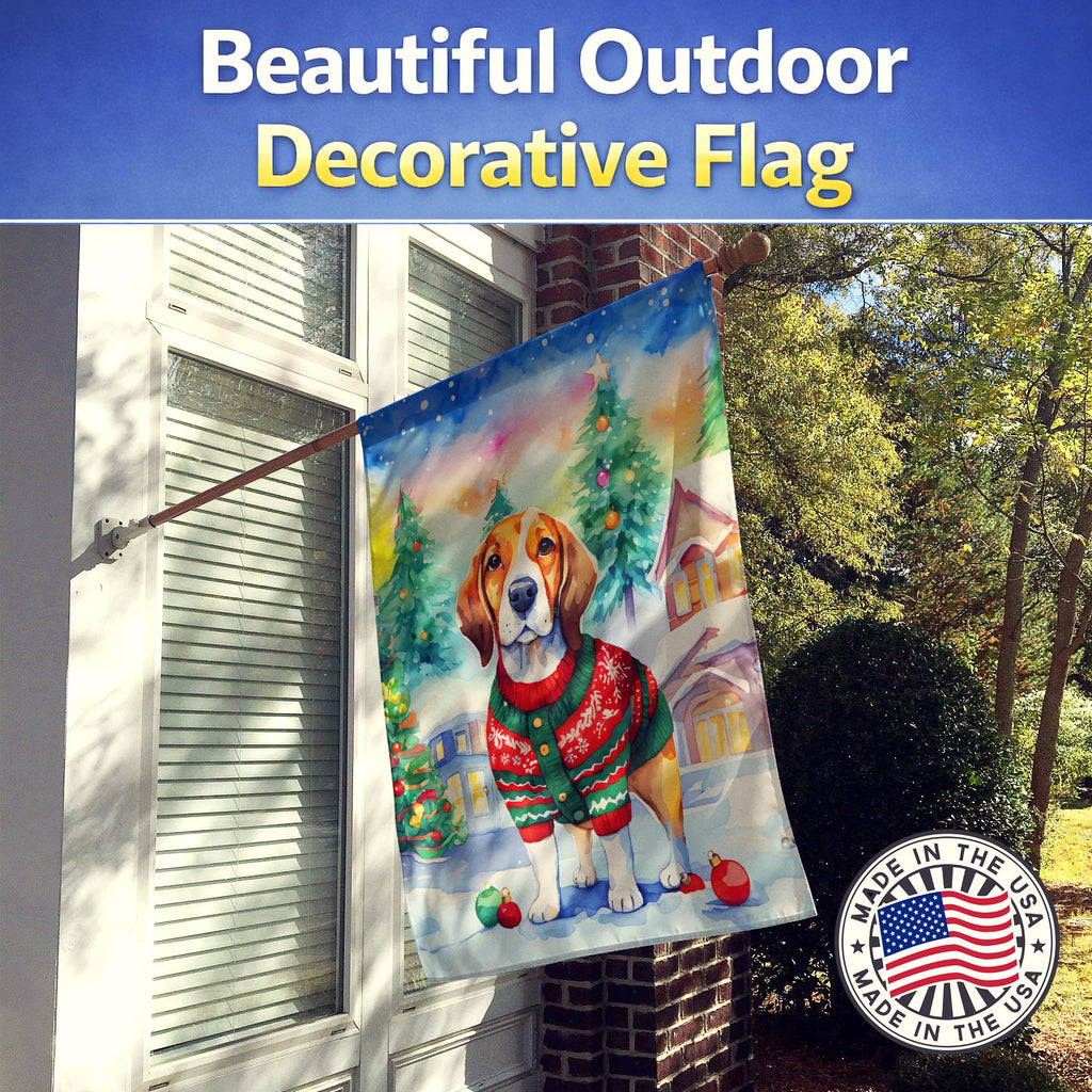 Beagle Christmas House Flag 28x40 Porch Sleeve Pole Decorative Outside Yard Banner Artwork Wall Hanging, Polyester
