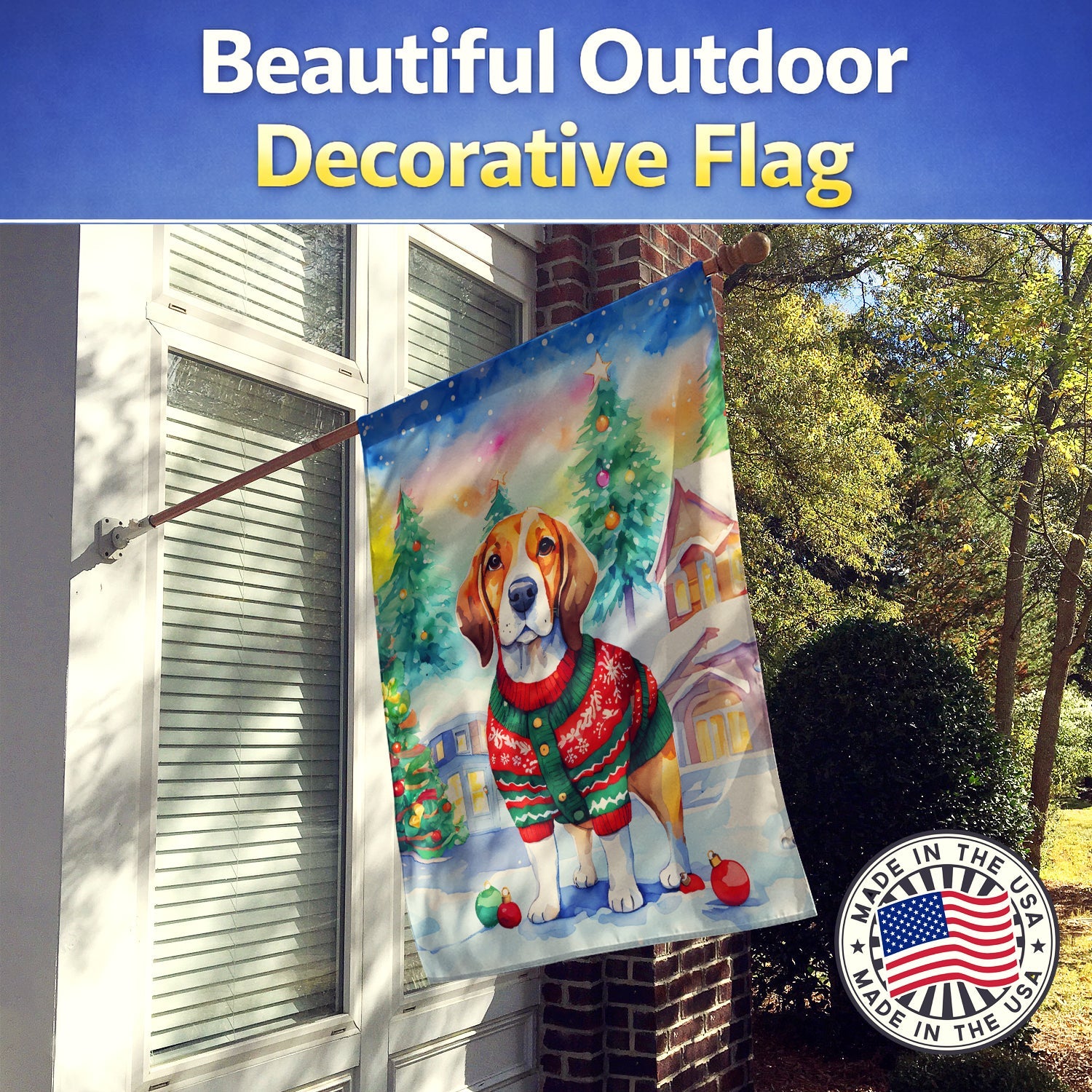 Beagle Christmas House Flag 28x40 Porch Sleeve Pole Decorative Outside Yard Banner Artwork Wall Hanging, Polyester
