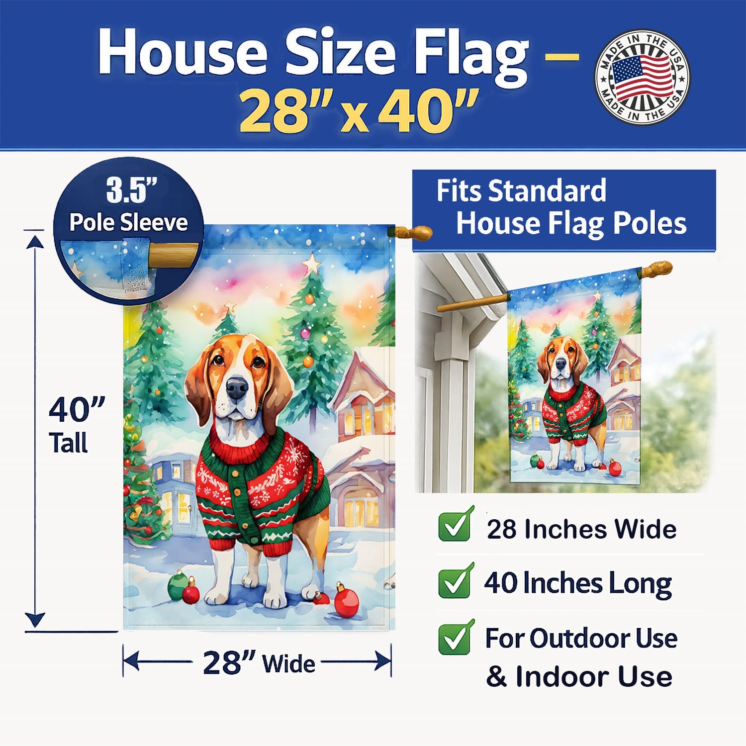 Beagle Christmas House Flag 28x40 Porch Sleeve Pole Decorative Outside Yard Banner Artwork Wall Hanging, Polyester