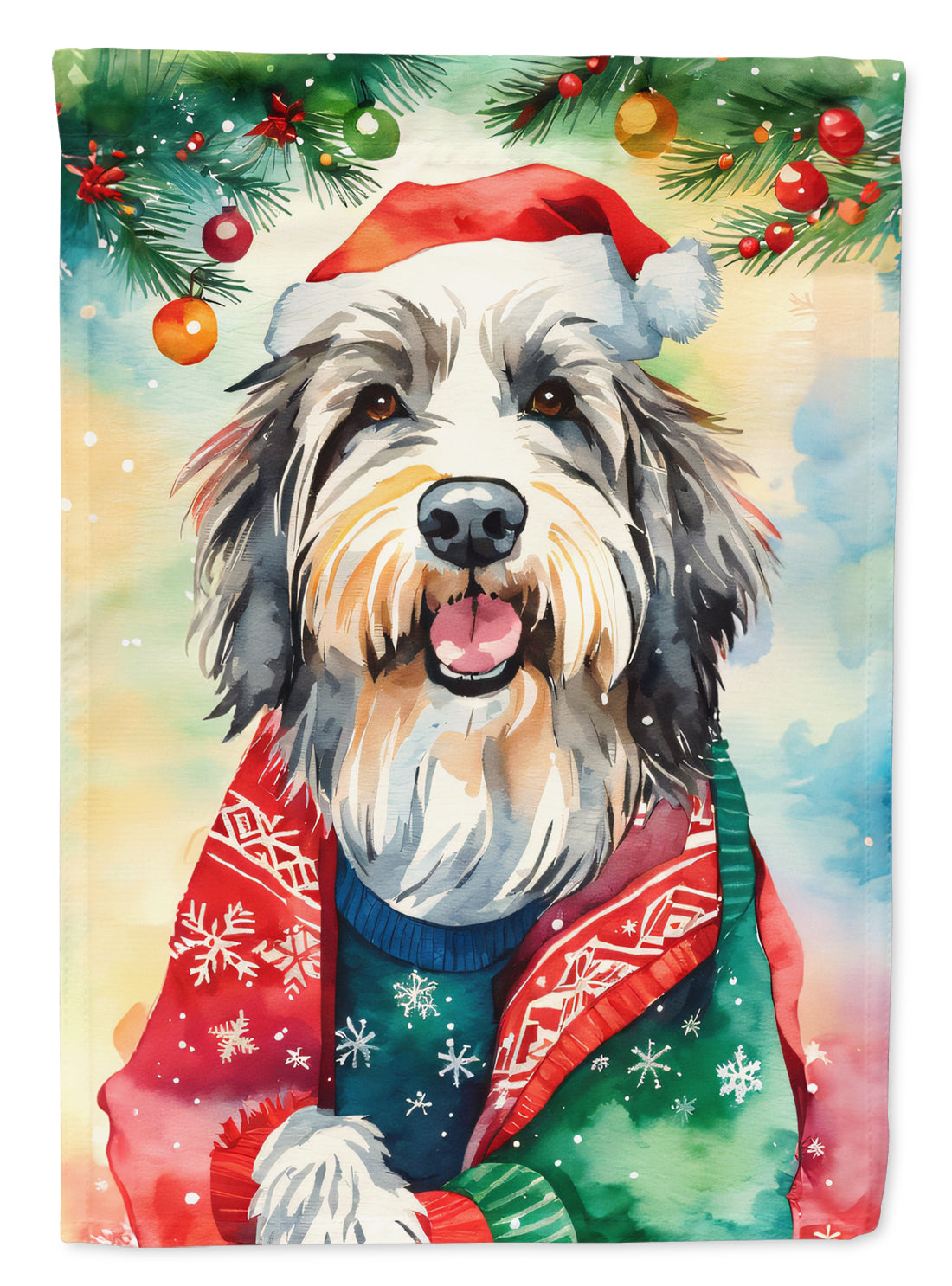 Bearded Collie Christmas House Flag 28x40 Porch Sleeve Pole Decorative Outside Yard Banner Artwork Wall Hanging, Polyester