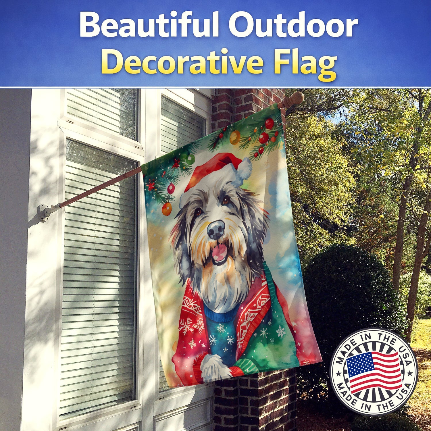 Bearded Collie Christmas House Flag 28x40 Porch Sleeve Pole Decorative Outside Yard Banner Artwork Wall Hanging, Polyester
