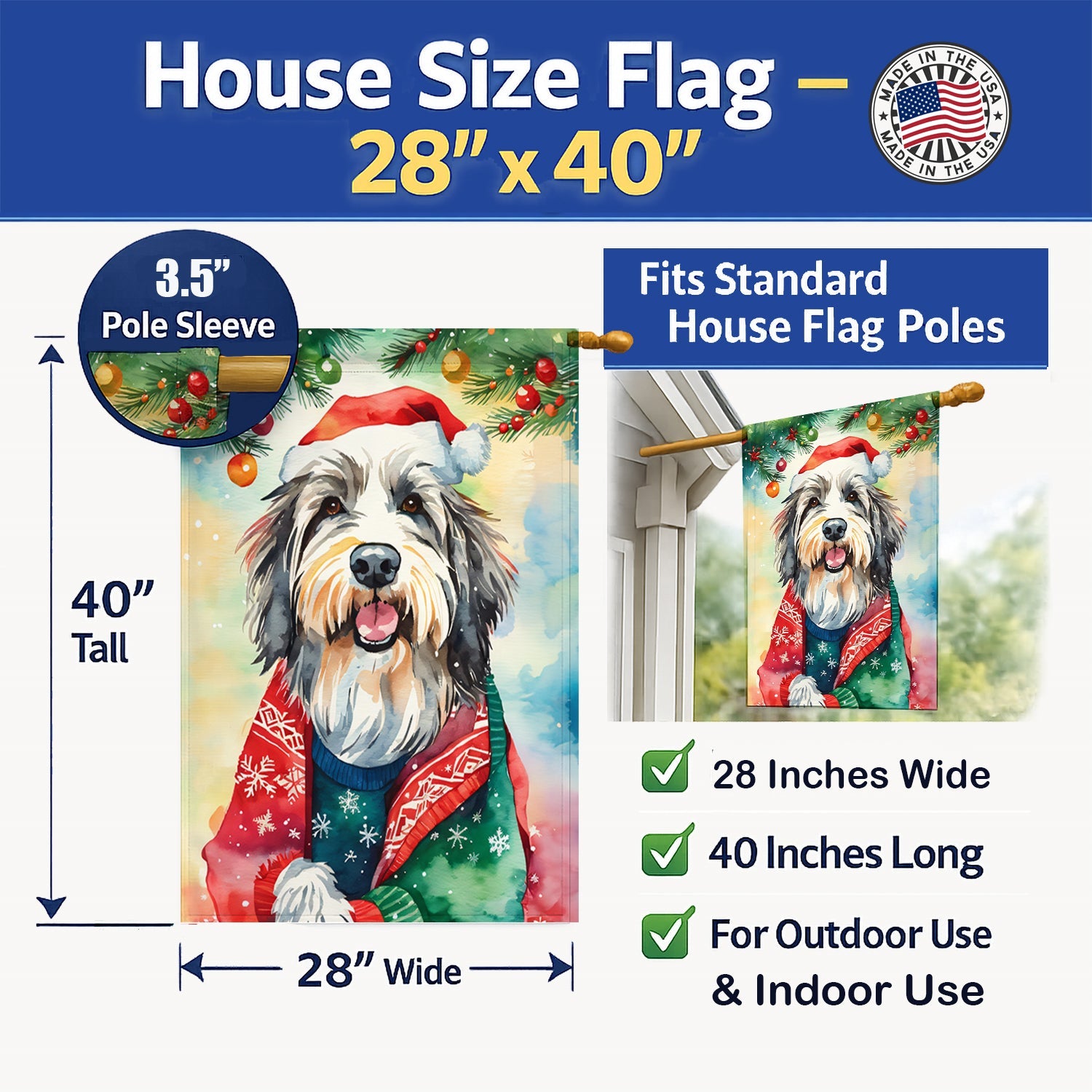 Bearded Collie Christmas House Flag 28x40 Porch Sleeve Pole Decorative Outside Yard Banner Artwork Wall Hanging, Polyester