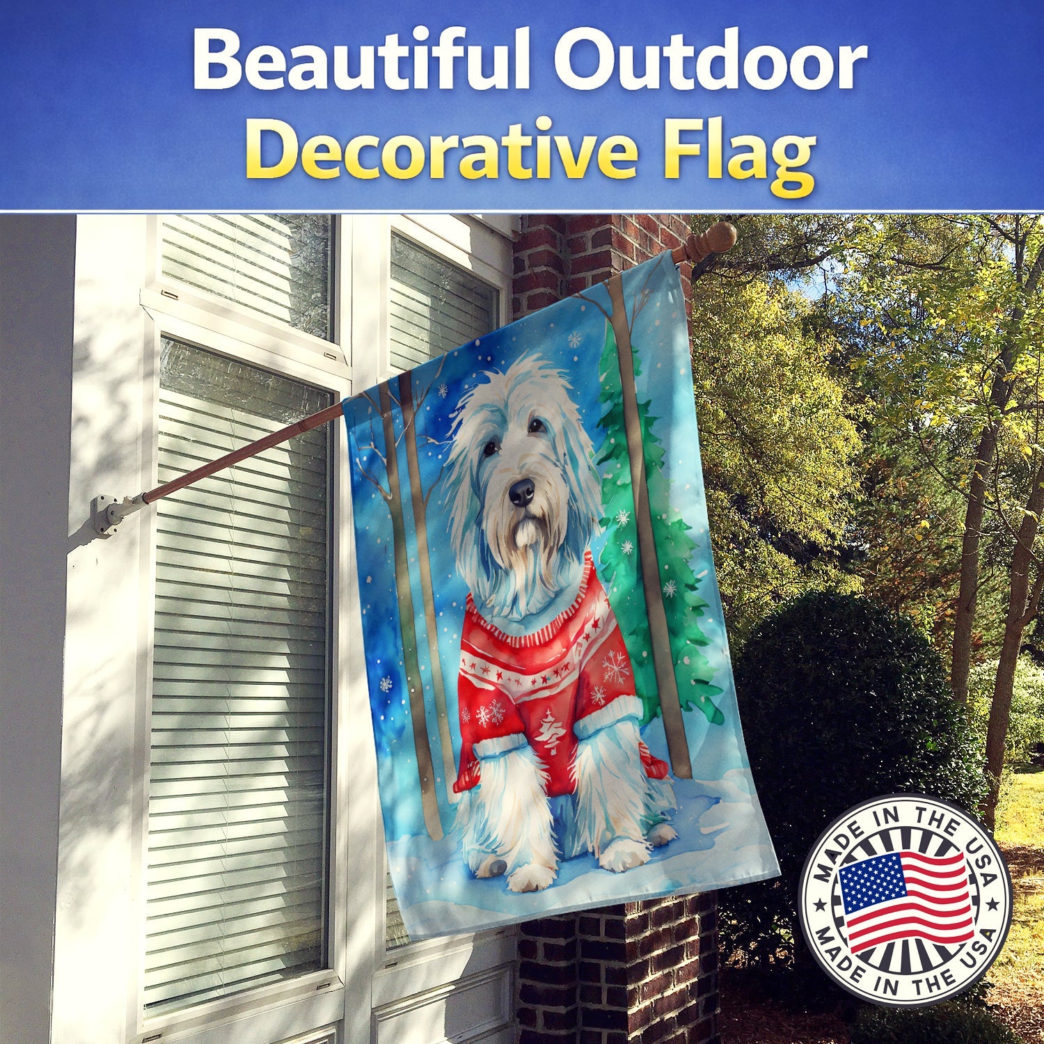 Bearded Collie Christmas House Flag 28x40 Porch Sleeve Pole Decorative Outside Yard Banner Artwork Wall Hanging, Polyester