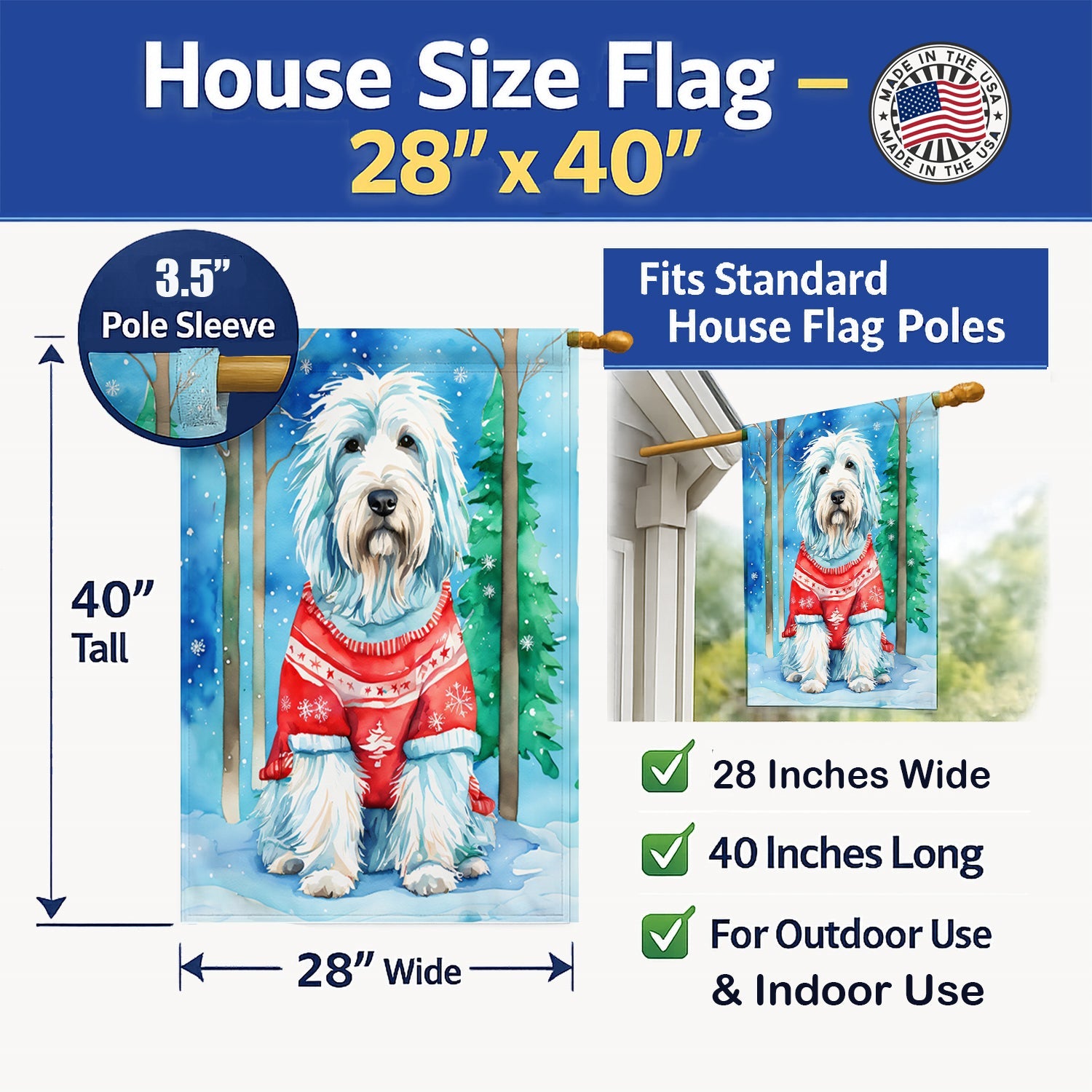 Bearded Collie Christmas House Flag 28x40 Porch Sleeve Pole Decorative Outside Yard Banner Artwork Wall Hanging, Polyester