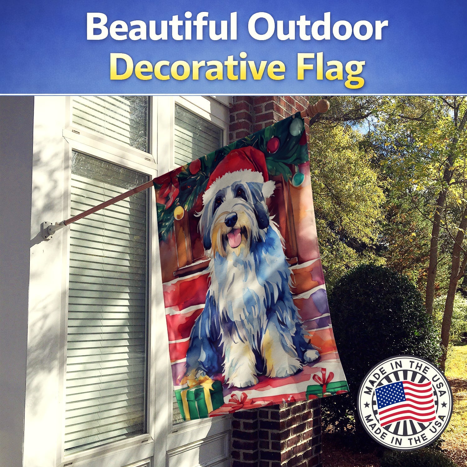 Bearded Collie Christmas House Flag 28x40 Porch Sleeve Pole Decorative Outside Yard Banner Artwork Wall Hanging, Polyester