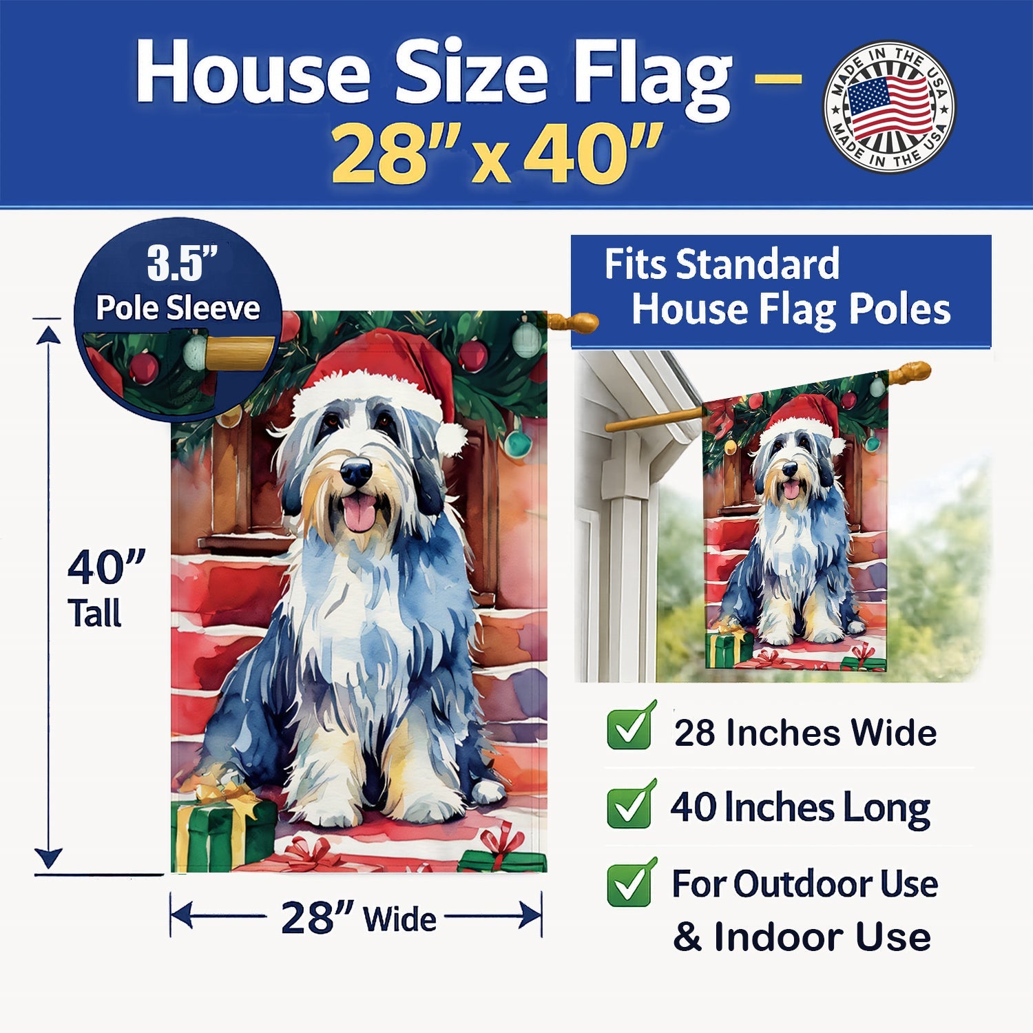 Bearded Collie Christmas House Flag 28x40 Porch Sleeve Pole Decorative Outside Yard Banner Artwork Wall Hanging, Polyester