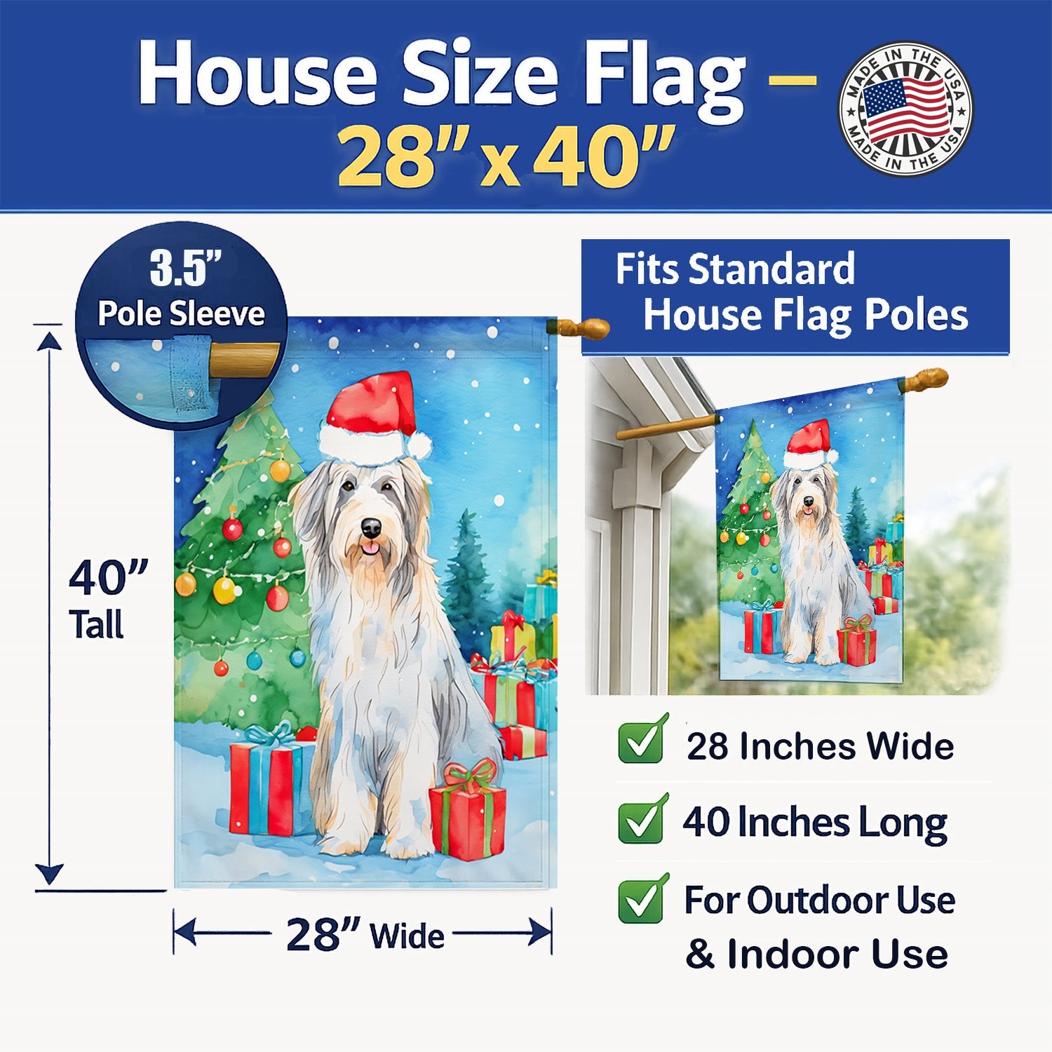 Bearded Collie Christmas House Flag 28x40 Porch Sleeve Pole Decorative Outside Yard Banner Artwork Wall Hanging, Polyester