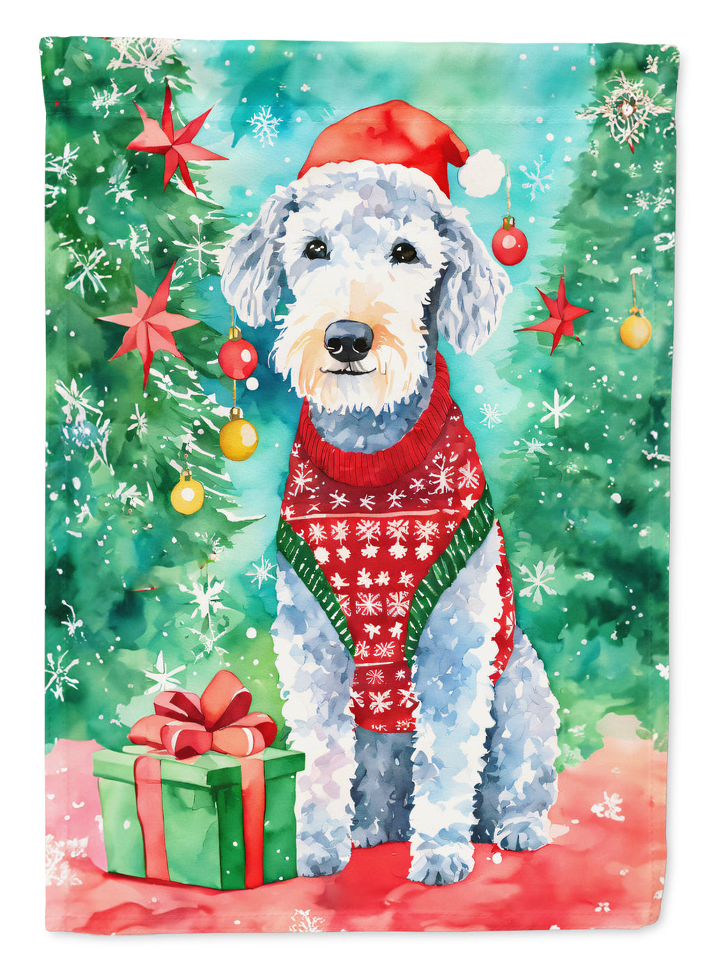 Bedlington Terrier Christmas House Flag 28x40 Porch Sleeve Pole Decorative Outside Yard Banner Artwork Wall Hanging, Polyester