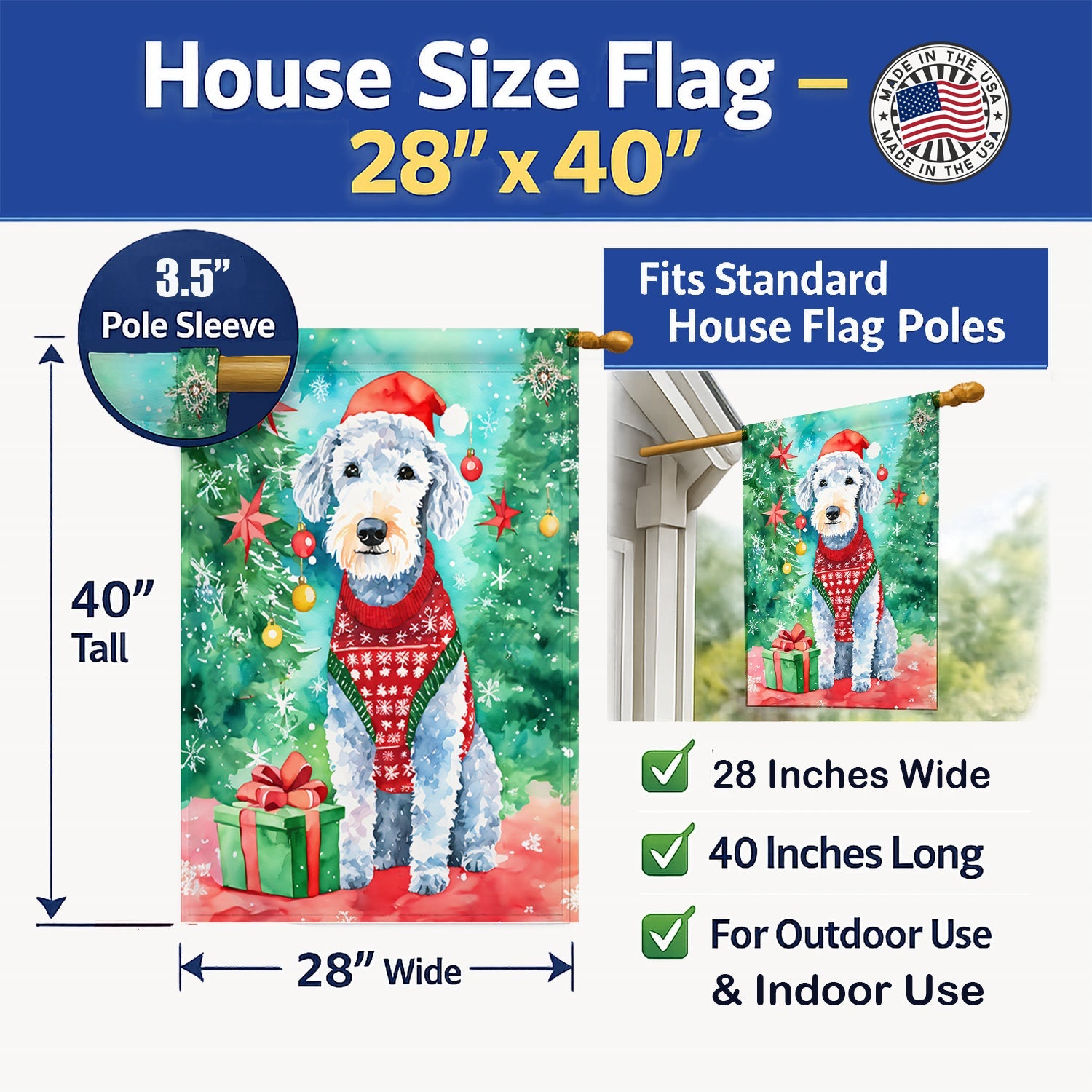 Bedlington Terrier Christmas House Flag 28x40 Porch Sleeve Pole Decorative Outside Yard Banner Artwork Wall Hanging, Polyester