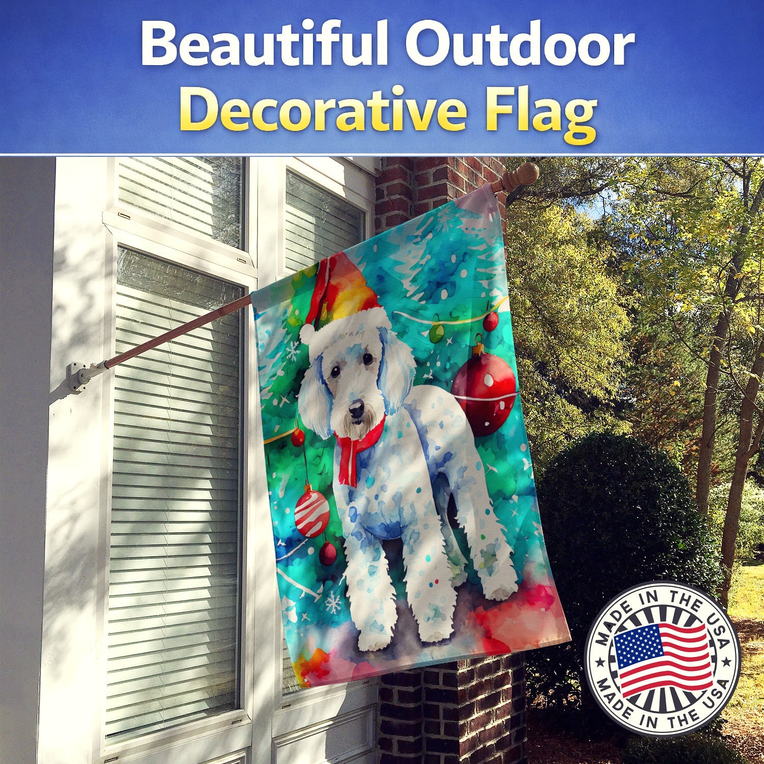 Bedlington Terrier Christmas House Flag 28x40 Porch Sleeve Pole Decorative Outside Yard Banner Artwork Wall Hanging, Polyester