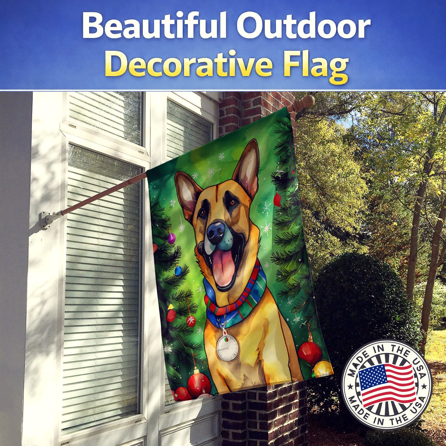 Belgian Malinois Christmas House Flag 28x40 Porch Sleeve Pole Decorative Outside Yard Banner Artwork Wall Hanging, Polyester