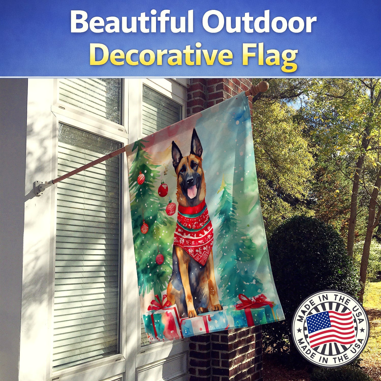Belgian Malinois Christmas House Flag 28x40 Porch Sleeve Pole Decorative Outside Yard Banner Artwork Wall Hanging, Polyester