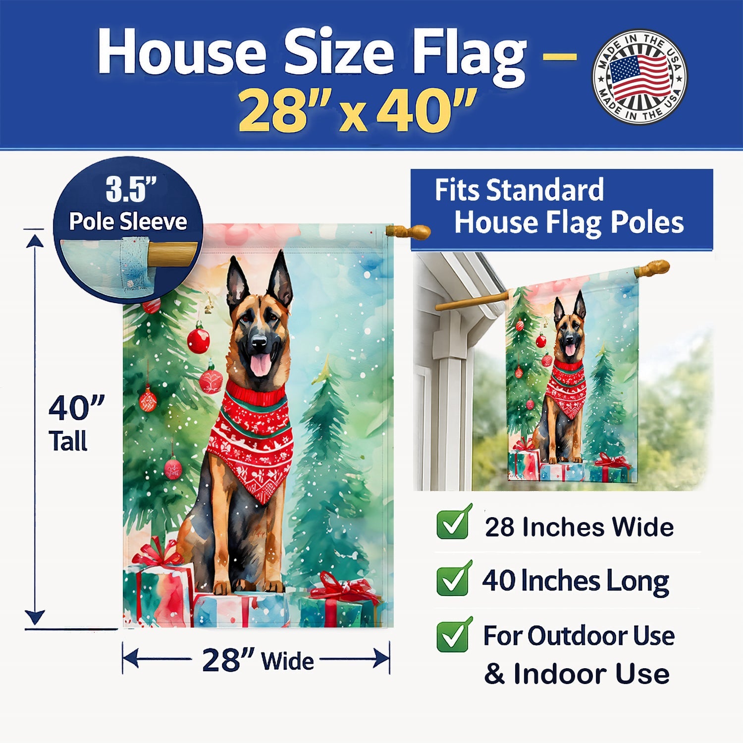 Belgian Malinois Christmas House Flag 28x40 Porch Sleeve Pole Decorative Outside Yard Banner Artwork Wall Hanging, Polyester