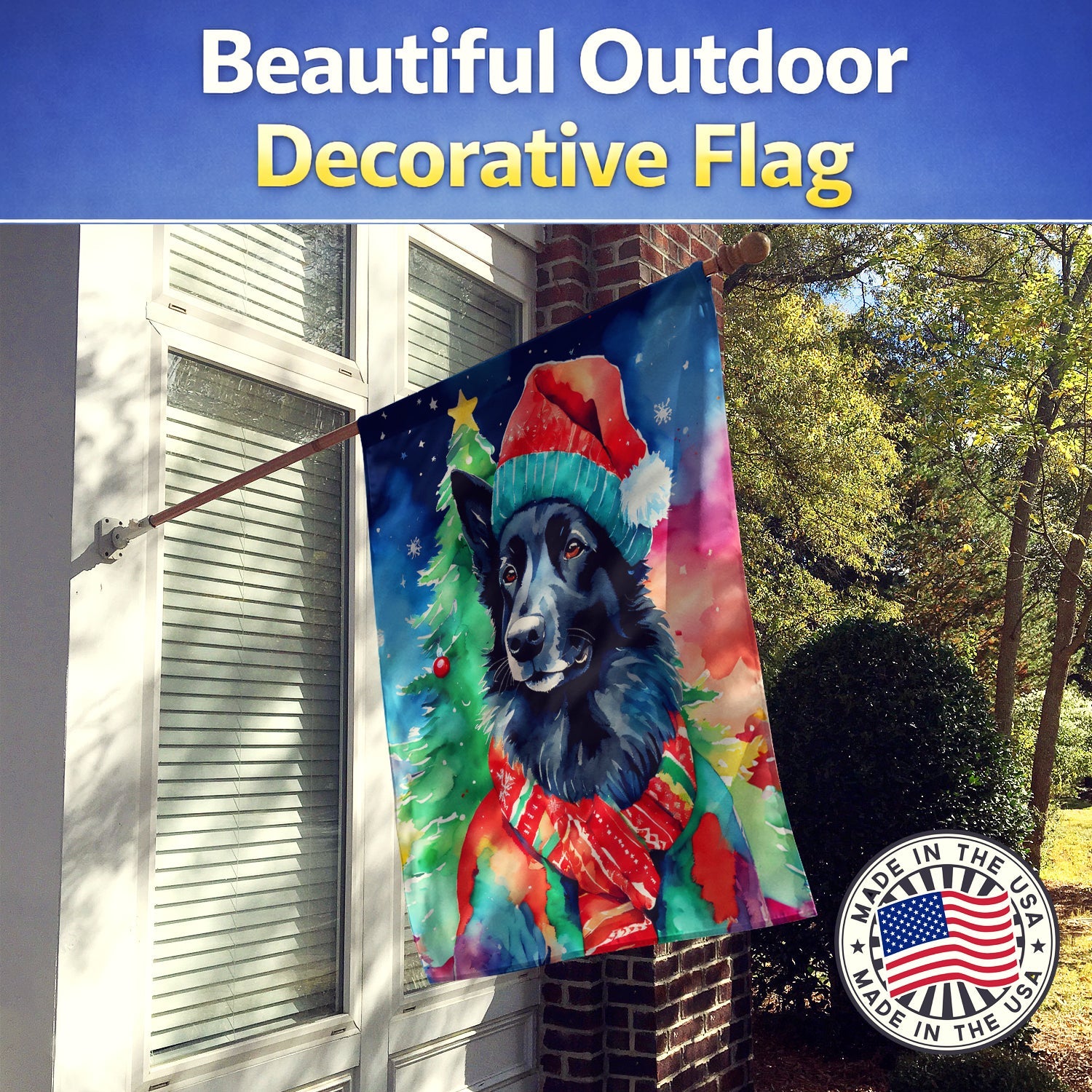 Belgian Sheepdog Christmas House Flag 28x40 Porch Sleeve Pole Decorative Outside Yard Banner Artwork Wall Hanging, Polyester
