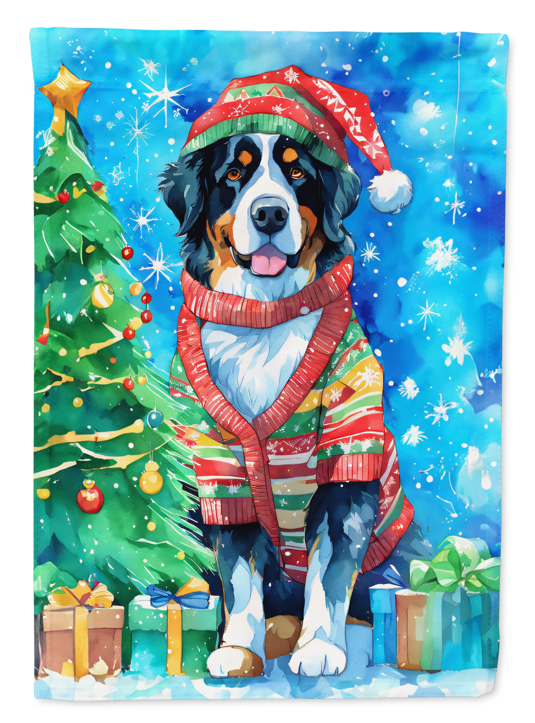 Bernese Mountain Dog Christmas House Flag 28x40 Porch Sleeve Pole Decorative Outside Yard Banner Artwork Wall Hanging, Polyester