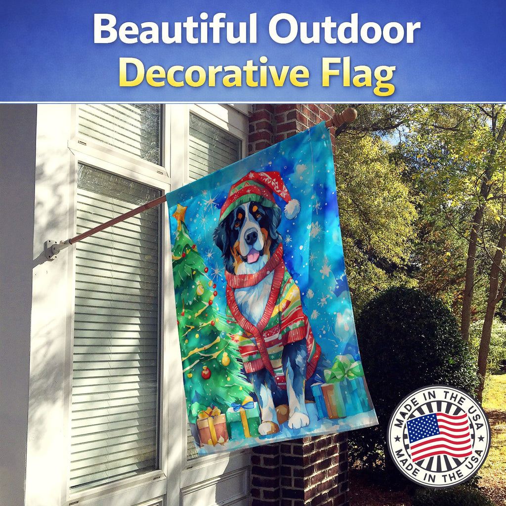 Bernese Mountain Dog Christmas House Flag 28x40 Porch Sleeve Pole Decorative Outside Yard Banner Artwork Wall Hanging, Polyester