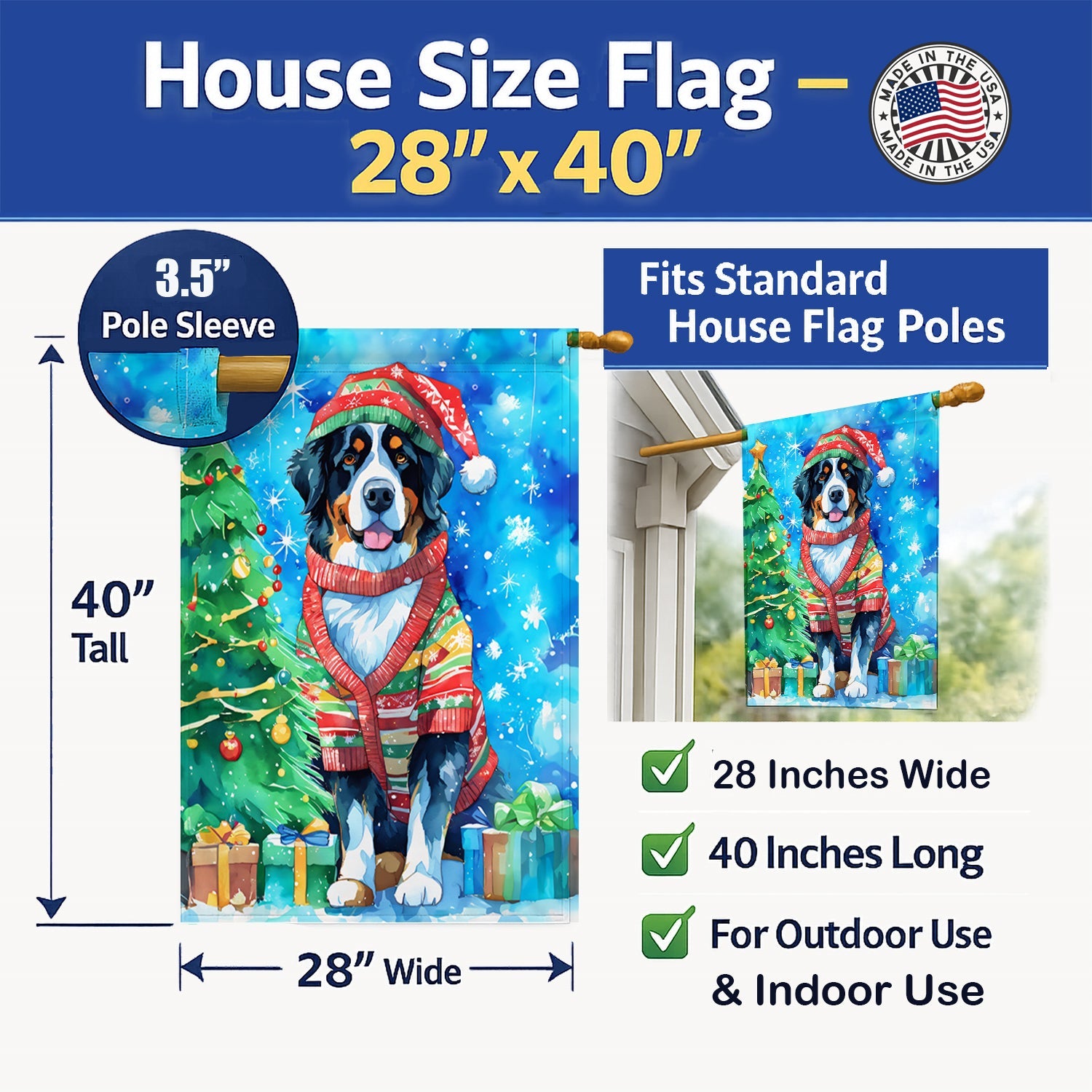 Bernese Mountain Dog Christmas House Flag 28x40 Porch Sleeve Pole Decorative Outside Yard Banner Artwork Wall Hanging, Polyester