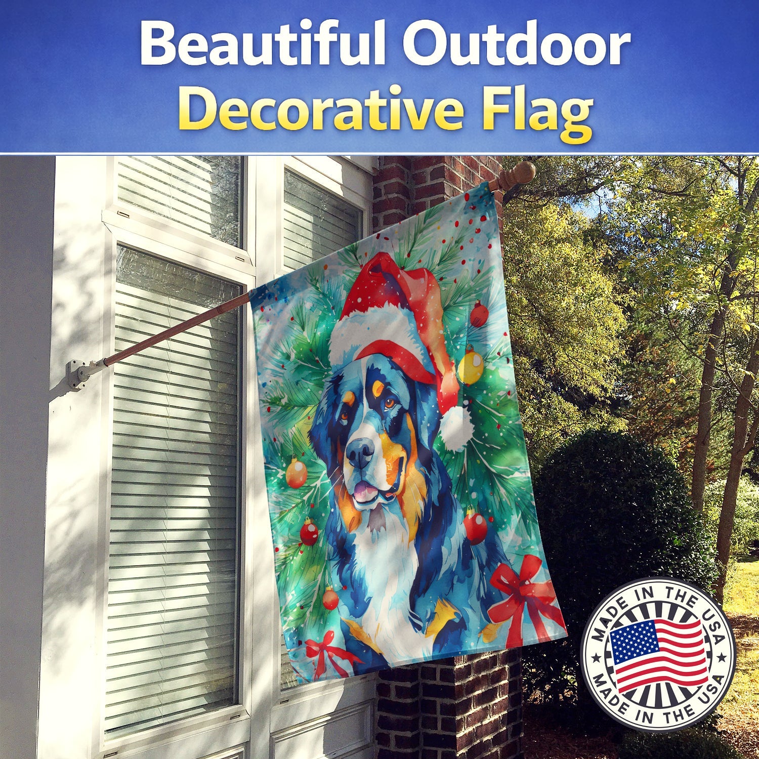 Bernese Mountain Dog Christmas House Flag 28x40 Porch Sleeve Pole Decorative Outside Yard Banner Artwork Wall Hanging, Polyester