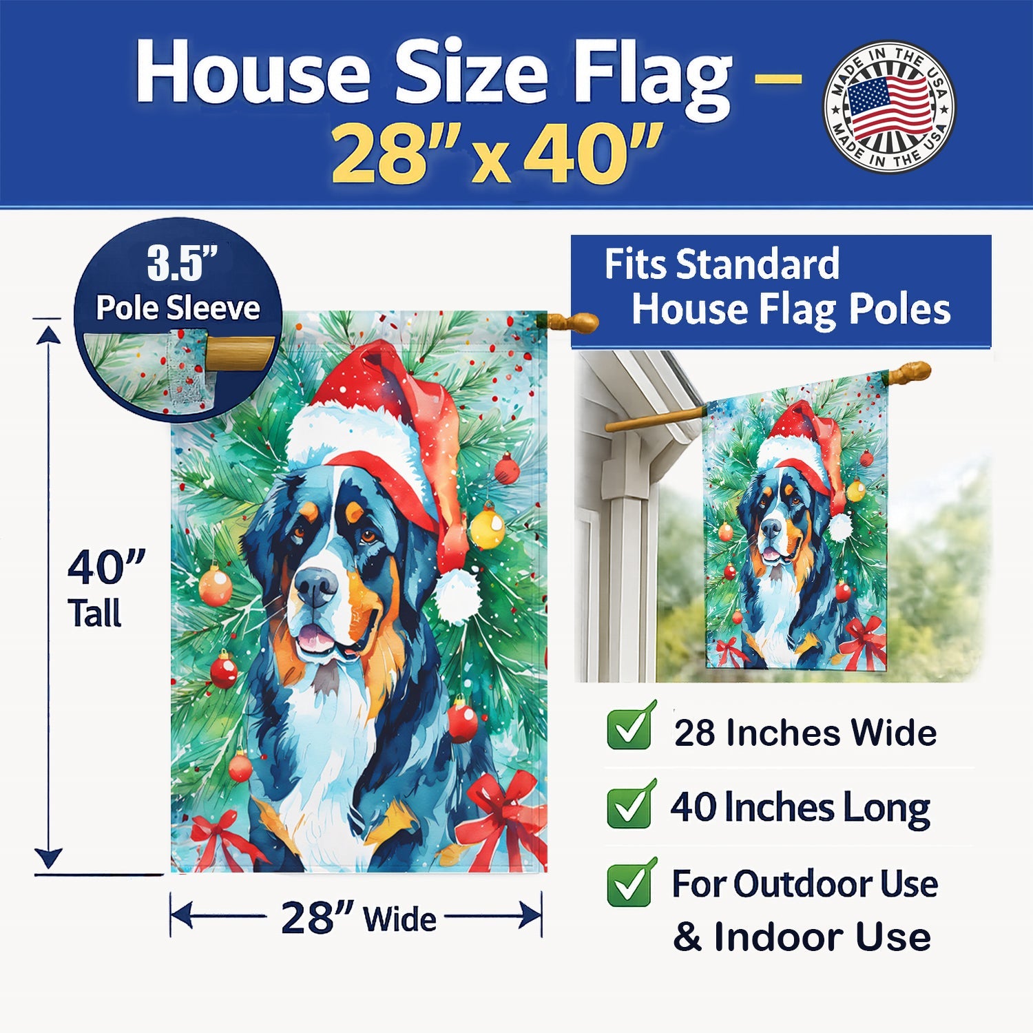 Bernese Mountain Dog Christmas House Flag 28x40 Porch Sleeve Pole Decorative Outside Yard Banner Artwork Wall Hanging, Polyester