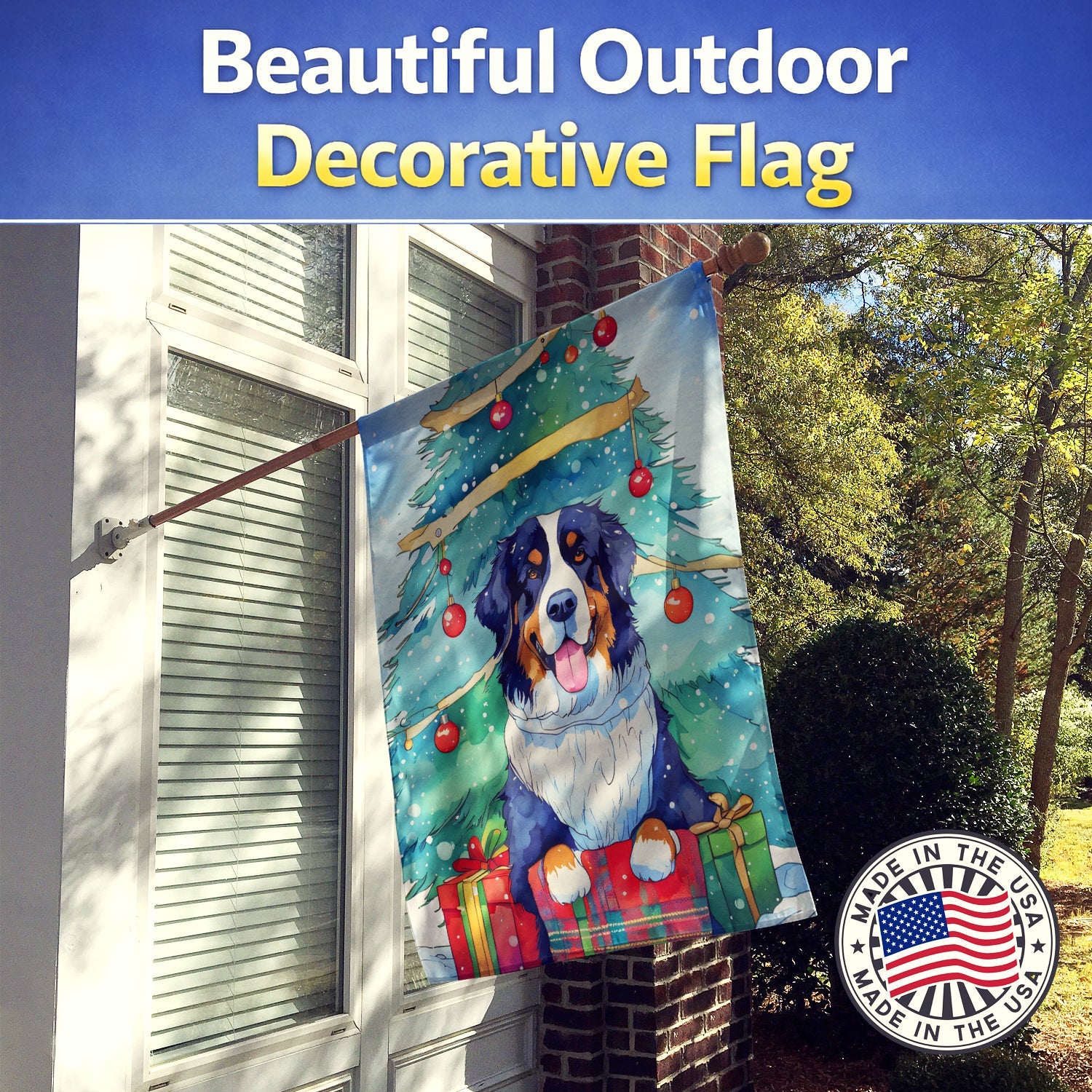 Bernese Mountain Dog Christmas House Flag 28x40 Porch Sleeve Pole Decorative Outside Yard Banner Artwork Wall Hanging, Polyester