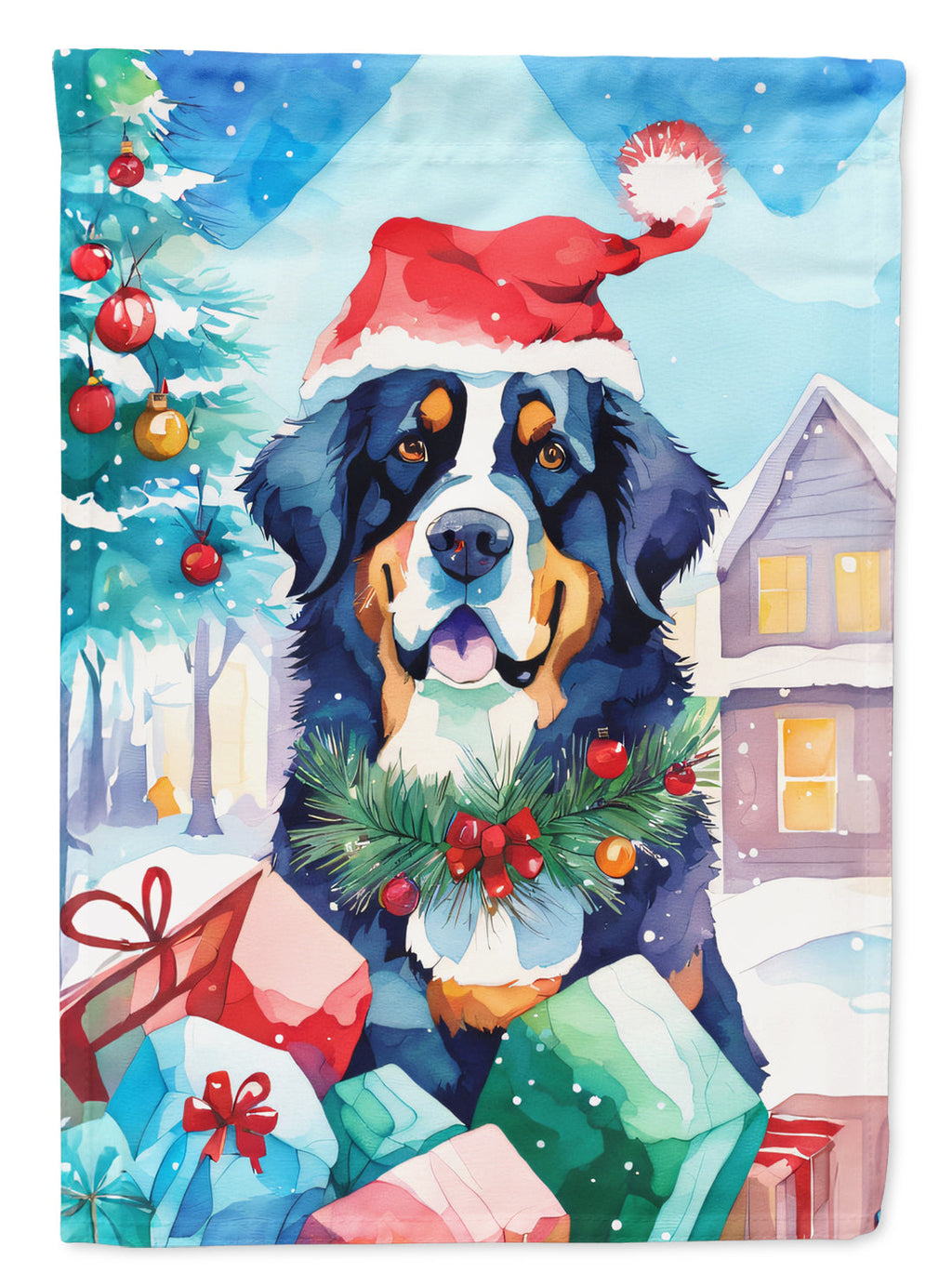 Bernese Mountain Dog Christmas House Flag 28x40 Porch Sleeve Pole Decorative Outside Yard Banner Artwork Wall Hanging, Polyester