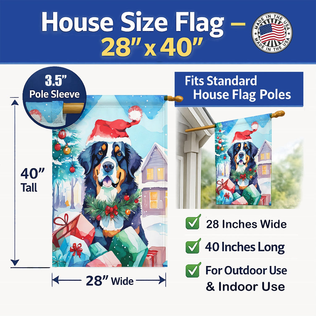 Bernese Mountain Dog Christmas House Flag 28x40 Porch Sleeve Pole Decorative Outside Yard Banner Artwork Wall Hanging, Polyester