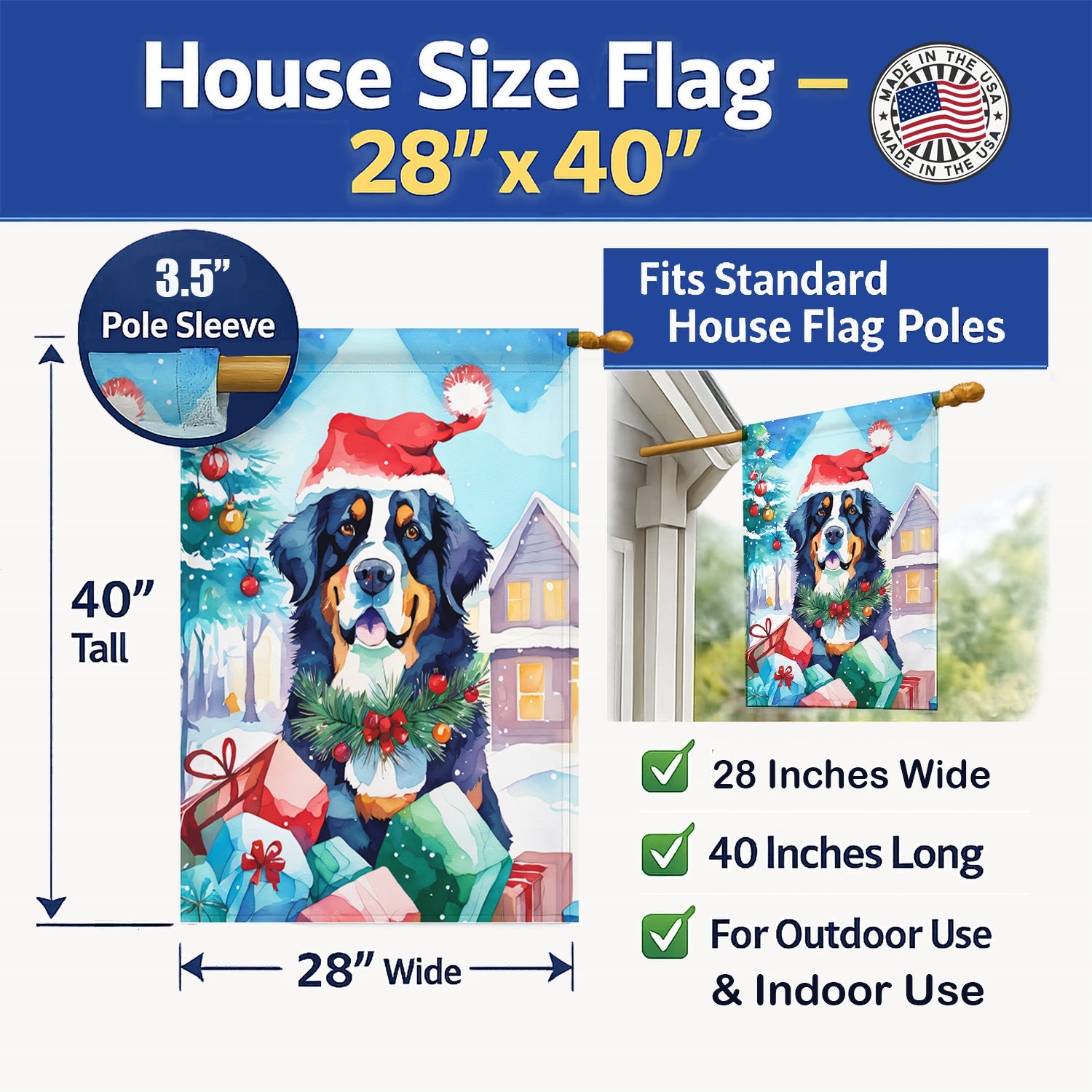 Bernese Mountain Dog Christmas House Flag 28x40 Porch Sleeve Pole Decorative Outside Yard Banner Artwork Wall Hanging, Polyester