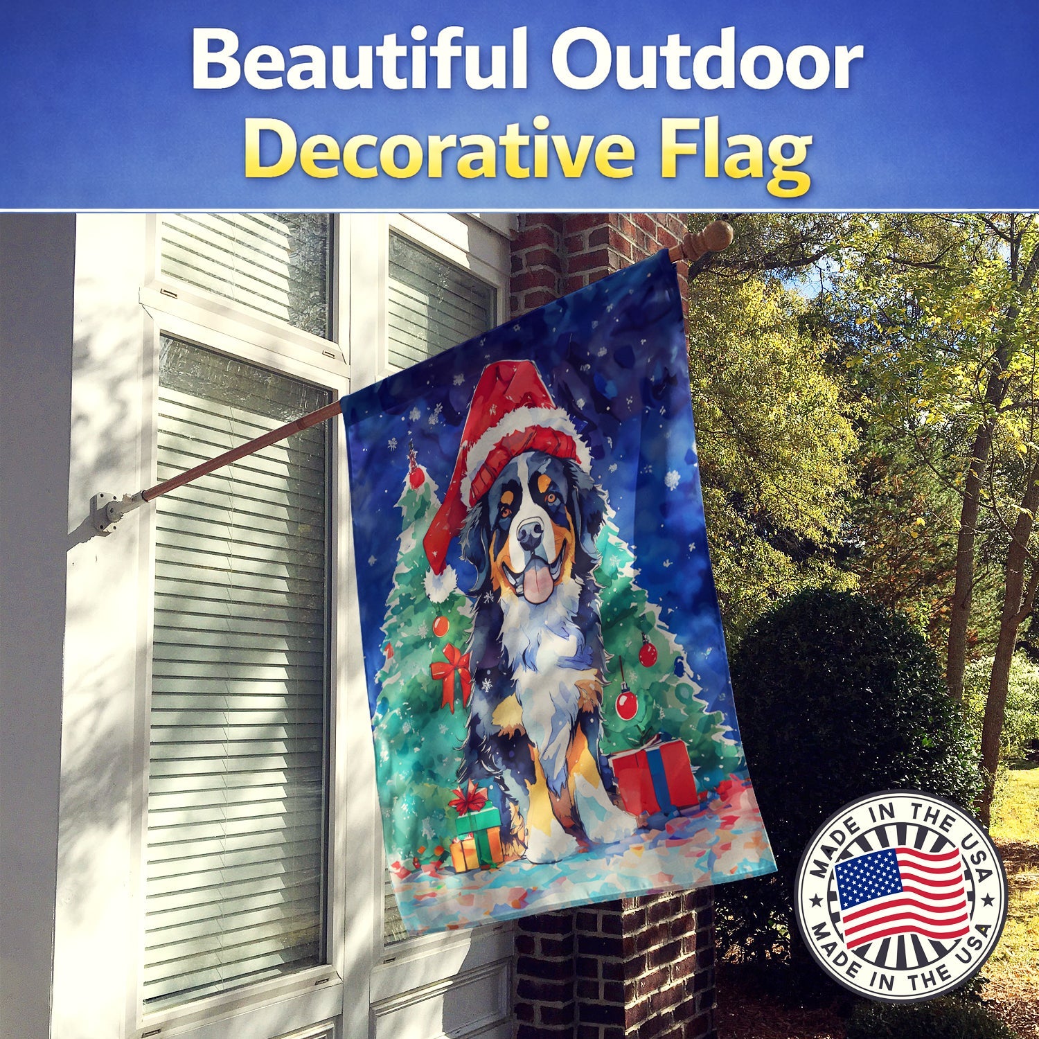 Bernese Mountain Dog Christmas House Flag 28x40 Porch Sleeve Pole Decorative Outside Yard Banner Artwork Wall Hanging, Polyester