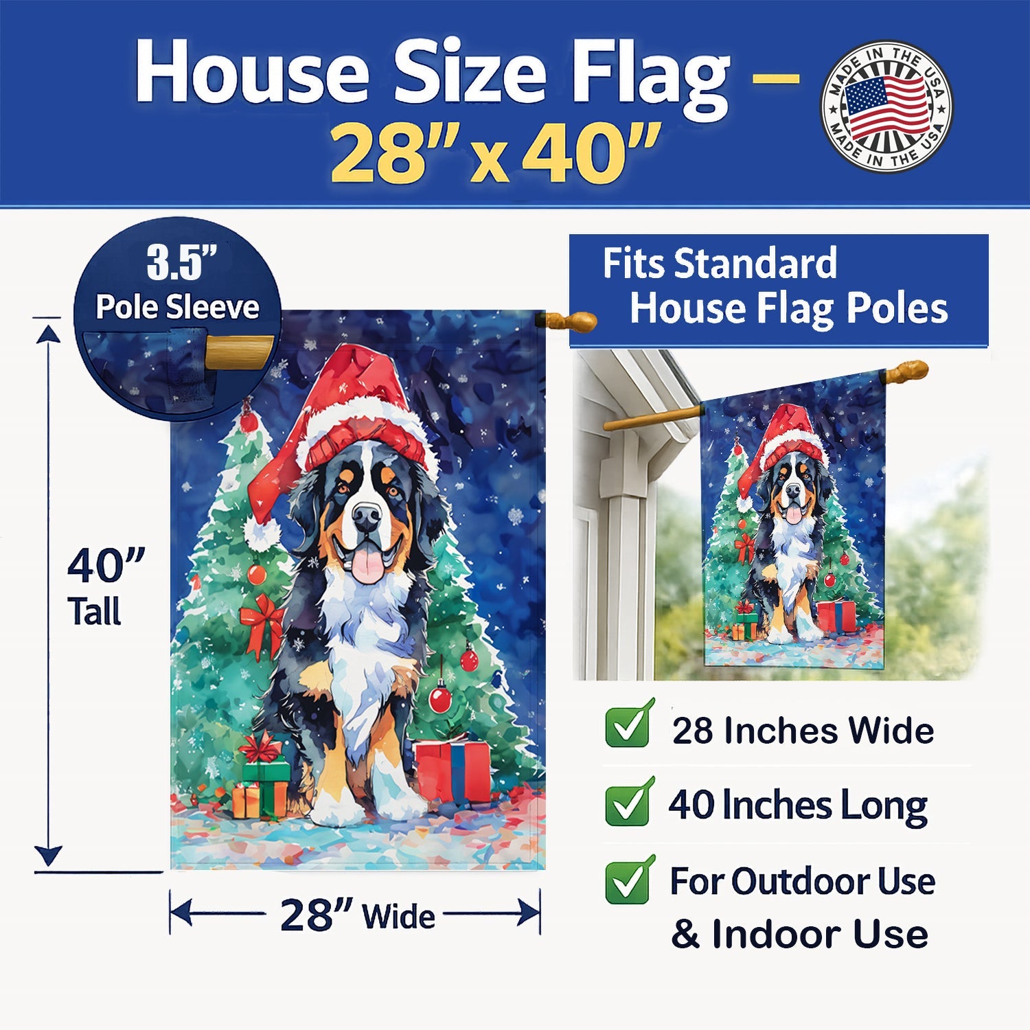 Bernese Mountain Dog Christmas House Flag 28x40 Porch Sleeve Pole Decorative Outside Yard Banner Artwork Wall Hanging, Polyester