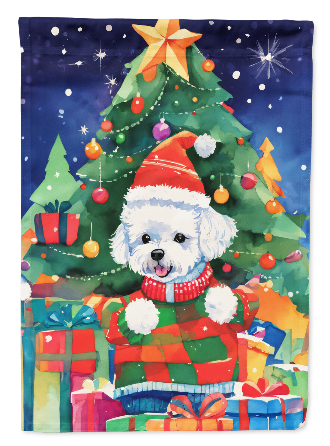 Bichon Frise Christmas House Flag 28x40 Porch Sleeve Pole Decorative Outside Yard Banner Artwork Wall Hanging, Polyester