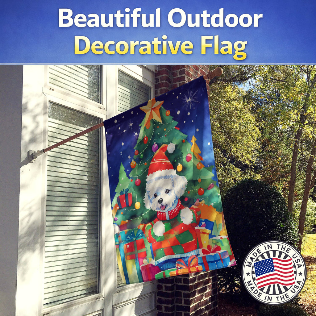 Bichon Frise Christmas House Flag 28x40 Porch Sleeve Pole Decorative Outside Yard Banner Artwork Wall Hanging, Polyester