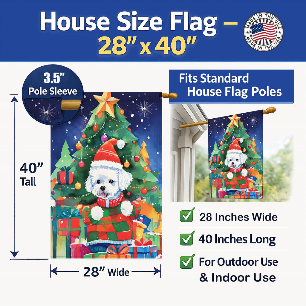 Bichon Frise Christmas House Flag 28x40 Porch Sleeve Pole Decorative Outside Yard Banner Artwork Wall Hanging, Polyester