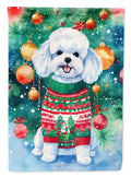 Bichon Frise Christmas House Flag 28x40 Porch Sleeve Pole Decorative Outside Yard Banner Artwork Wall Hanging, Polyester