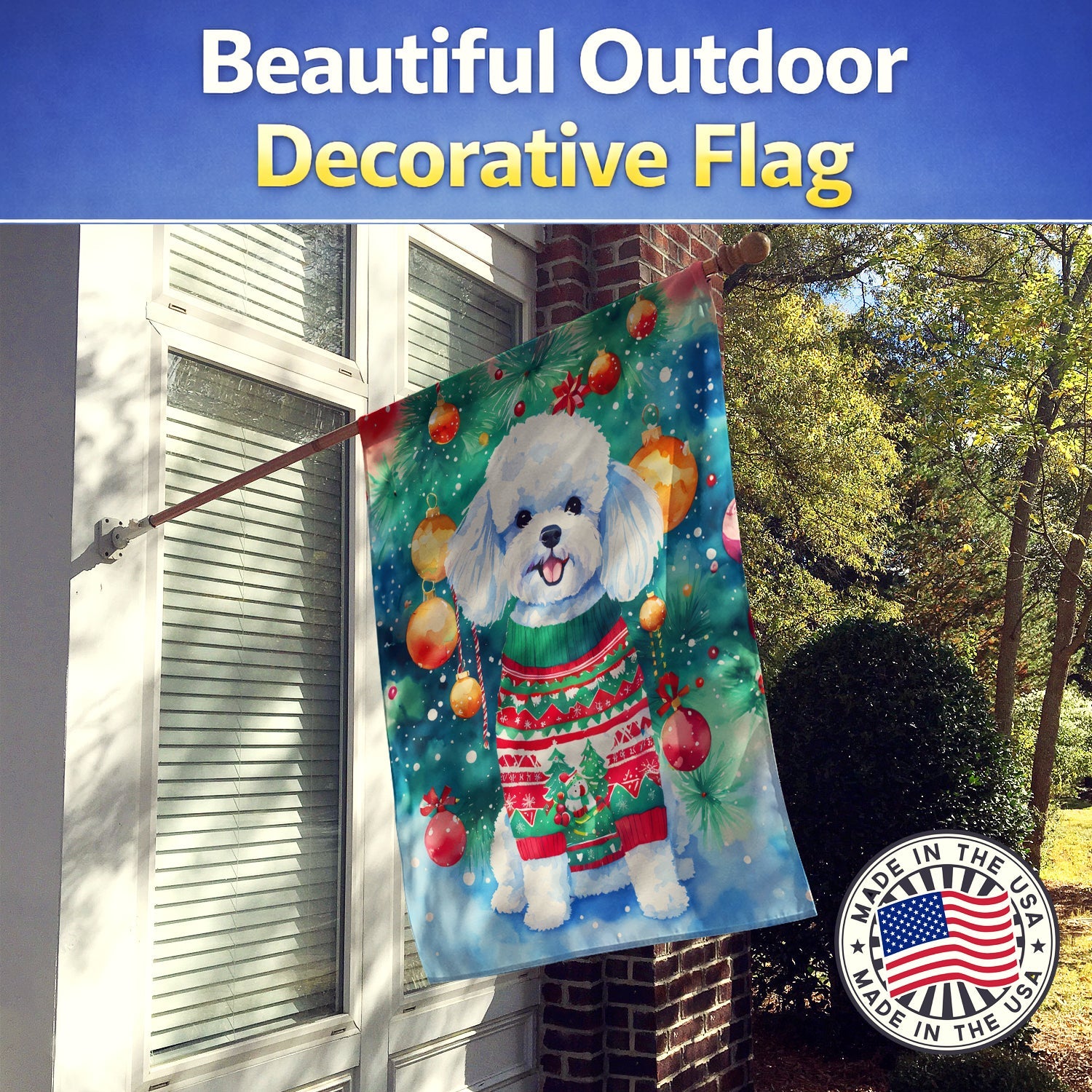 Bichon Frise Christmas House Flag 28x40 Porch Sleeve Pole Decorative Outside Yard Banner Artwork Wall Hanging, Polyester