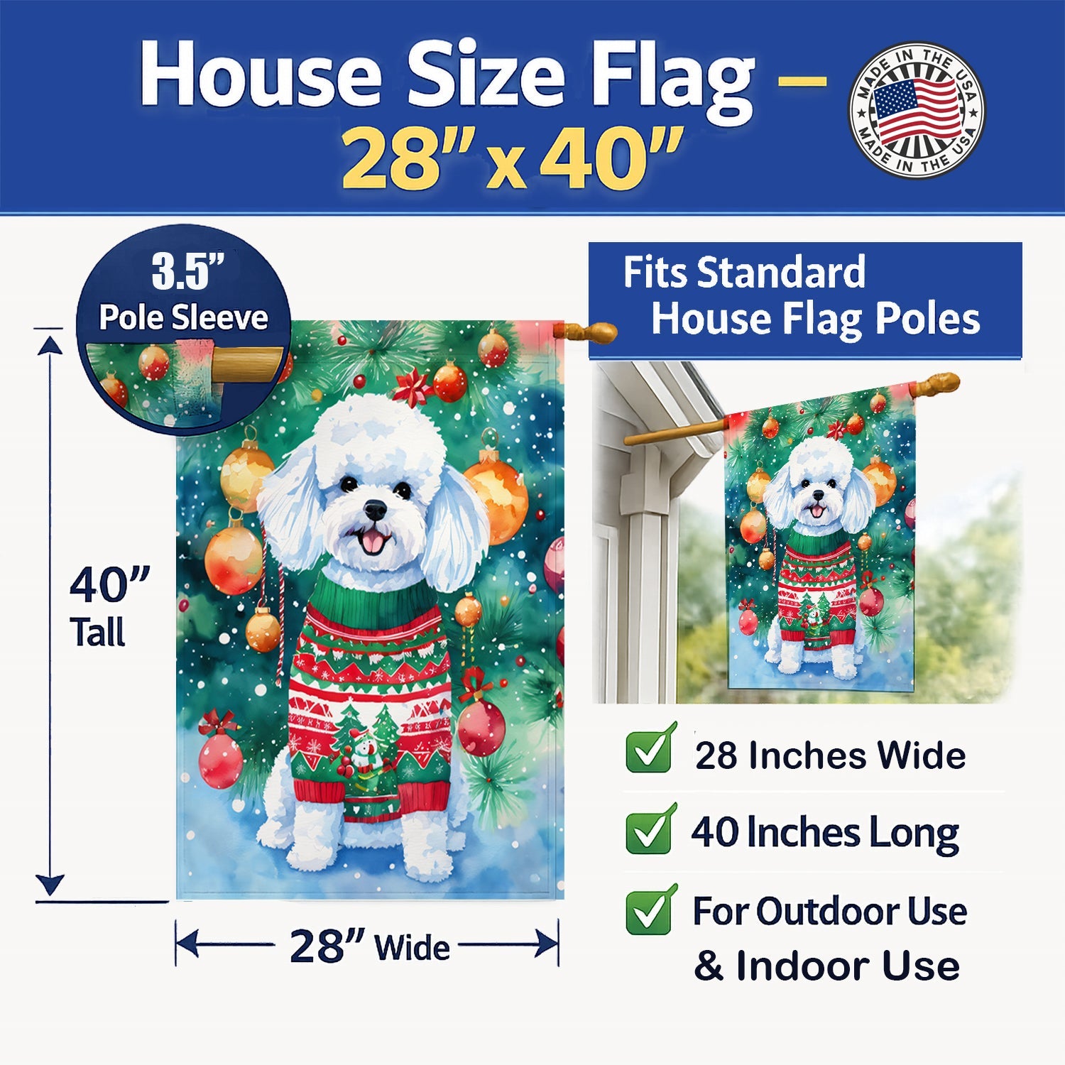 Bichon Frise Christmas House Flag 28x40 Porch Sleeve Pole Decorative Outside Yard Banner Artwork Wall Hanging, Polyester