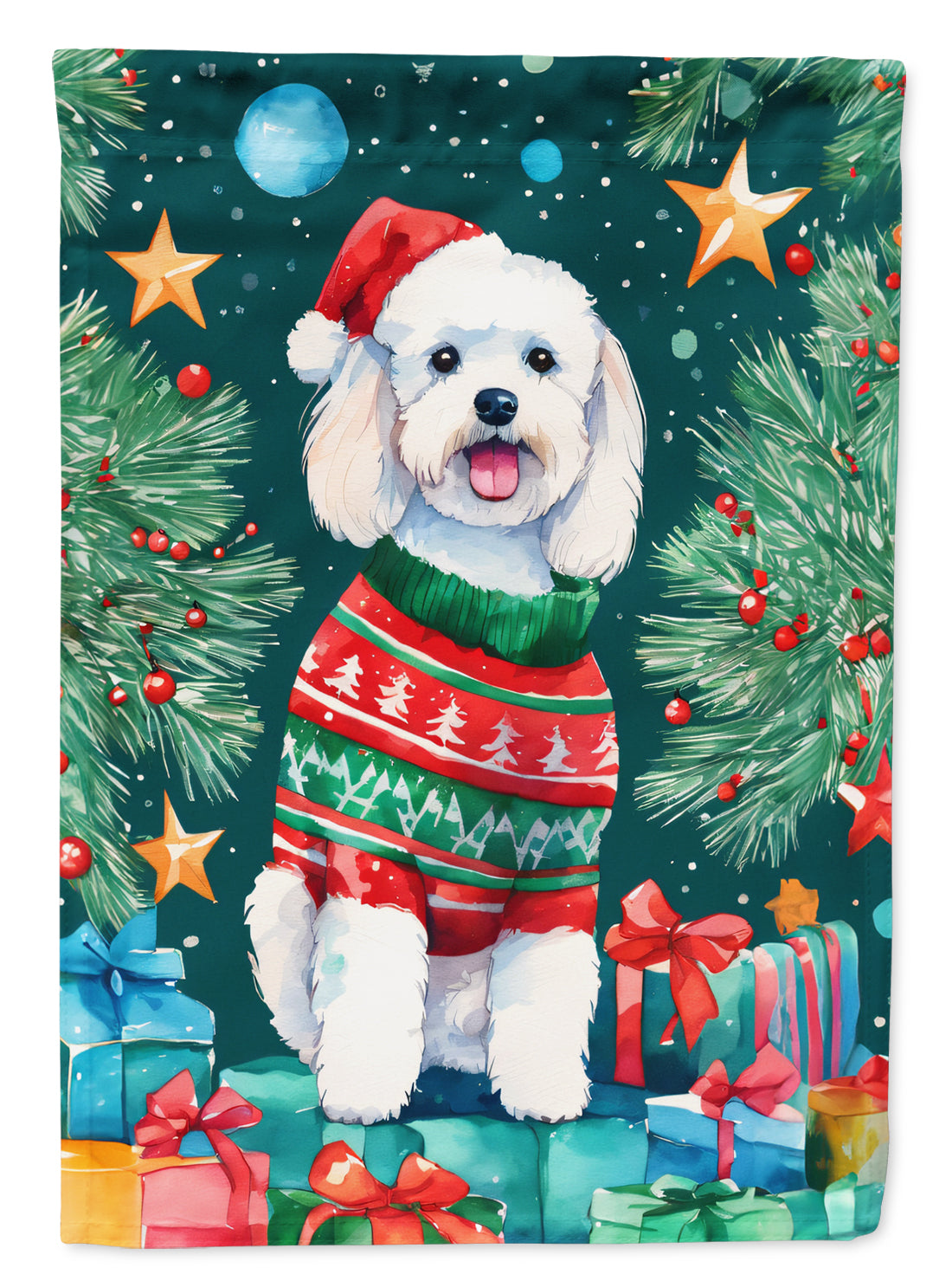 Bichon Frise Christmas House Flag 28x40 Porch Sleeve Pole Decorative Outside Yard Banner Artwork Wall Hanging, Polyester