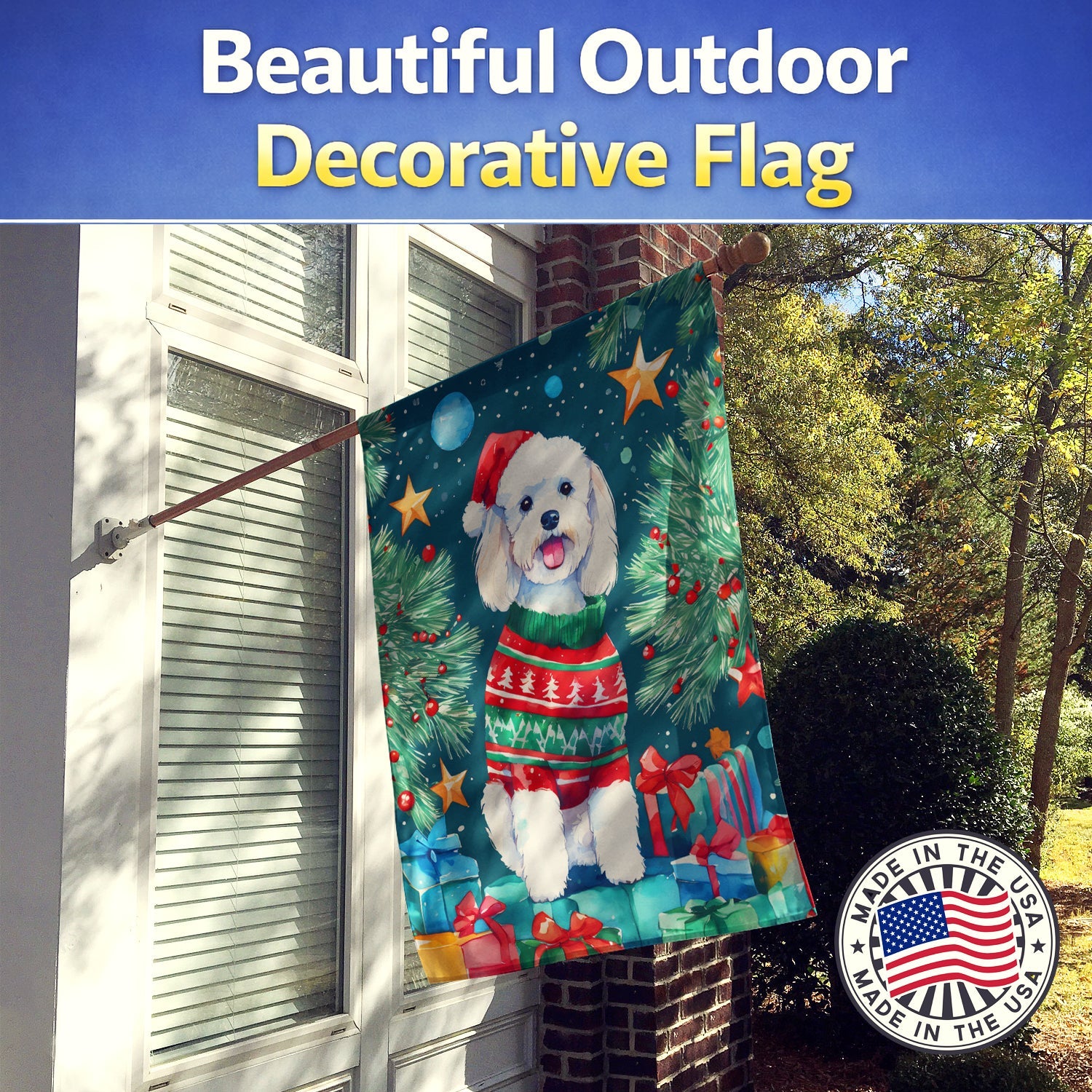 Bichon Frise Christmas House Flag 28x40 Porch Sleeve Pole Decorative Outside Yard Banner Artwork Wall Hanging, Polyester