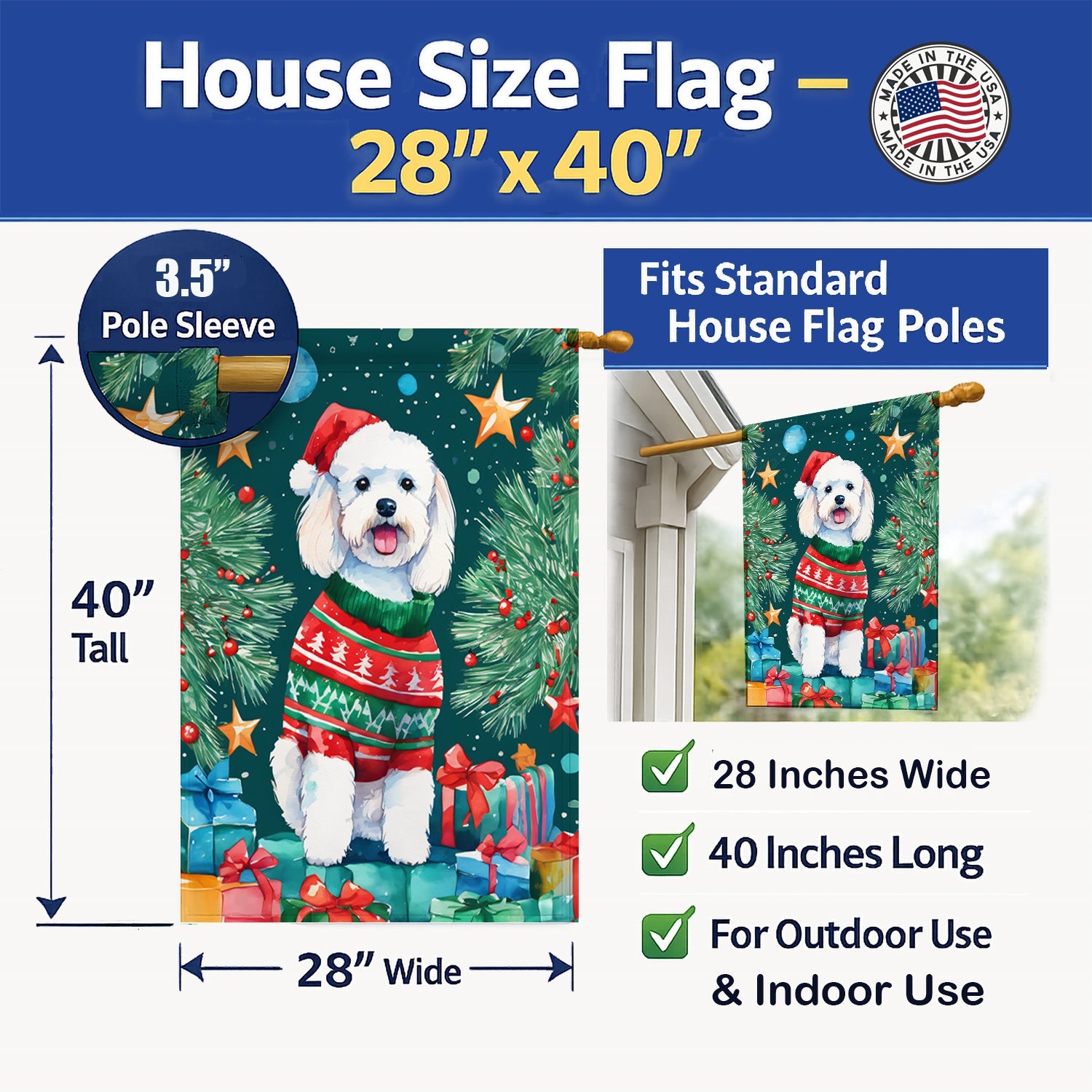 Bichon Frise Christmas House Flag 28x40 Porch Sleeve Pole Decorative Outside Yard Banner Artwork Wall Hanging, Polyester