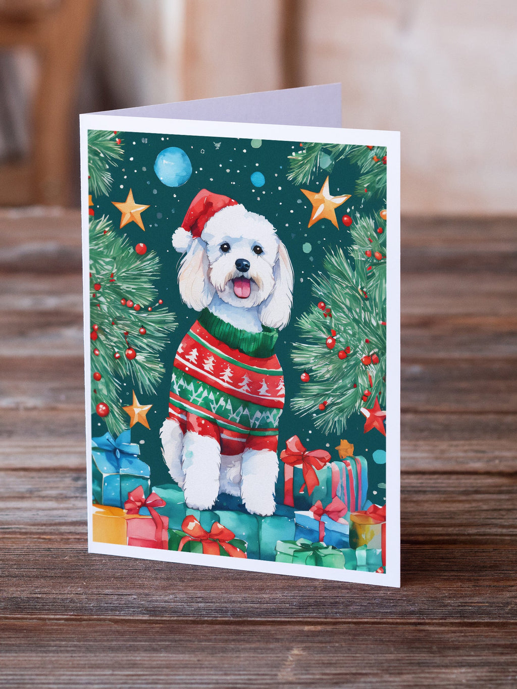 Bichon Frise Christmas Greeting Cards Pack of 8 Blank Cards with Envelopes Whimsical A7 Size 5x7