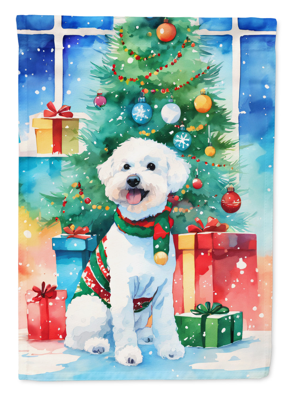 Bichon Frise Christmas House Flag 28x40 Porch Sleeve Pole Decorative Outside Yard Banner Artwork Wall Hanging, Polyester