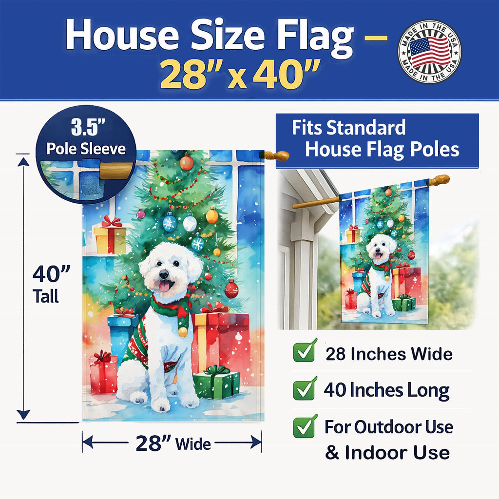Bichon Frise Christmas House Flag 28x40 Porch Sleeve Pole Decorative Outside Yard Banner Artwork Wall Hanging, Polyester
