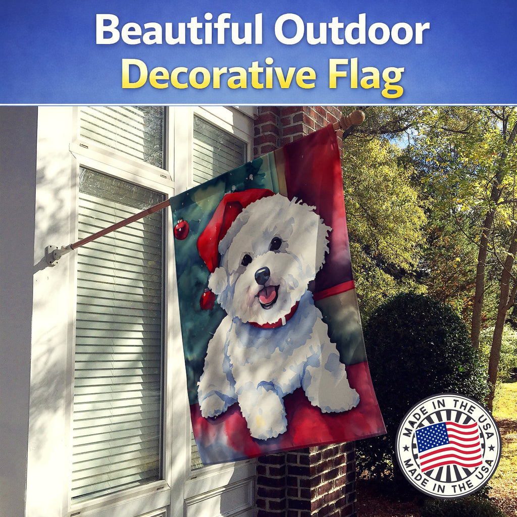 Bichon Frise Christmas House Flag 28x40 Porch Sleeve Pole Decorative Outside Yard Banner Artwork Wall Hanging, Polyester