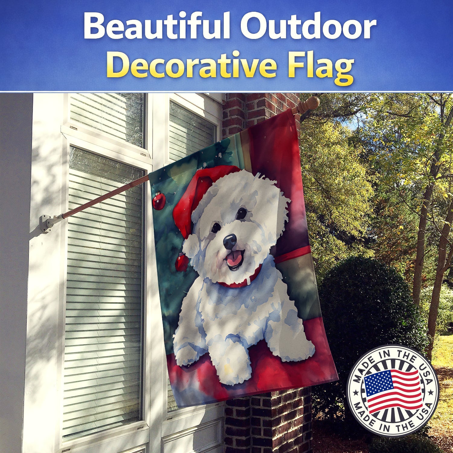 Bichon Frise Christmas House Flag 28x40 Porch Sleeve Pole Decorative Outside Yard Banner Artwork Wall Hanging, Polyester
