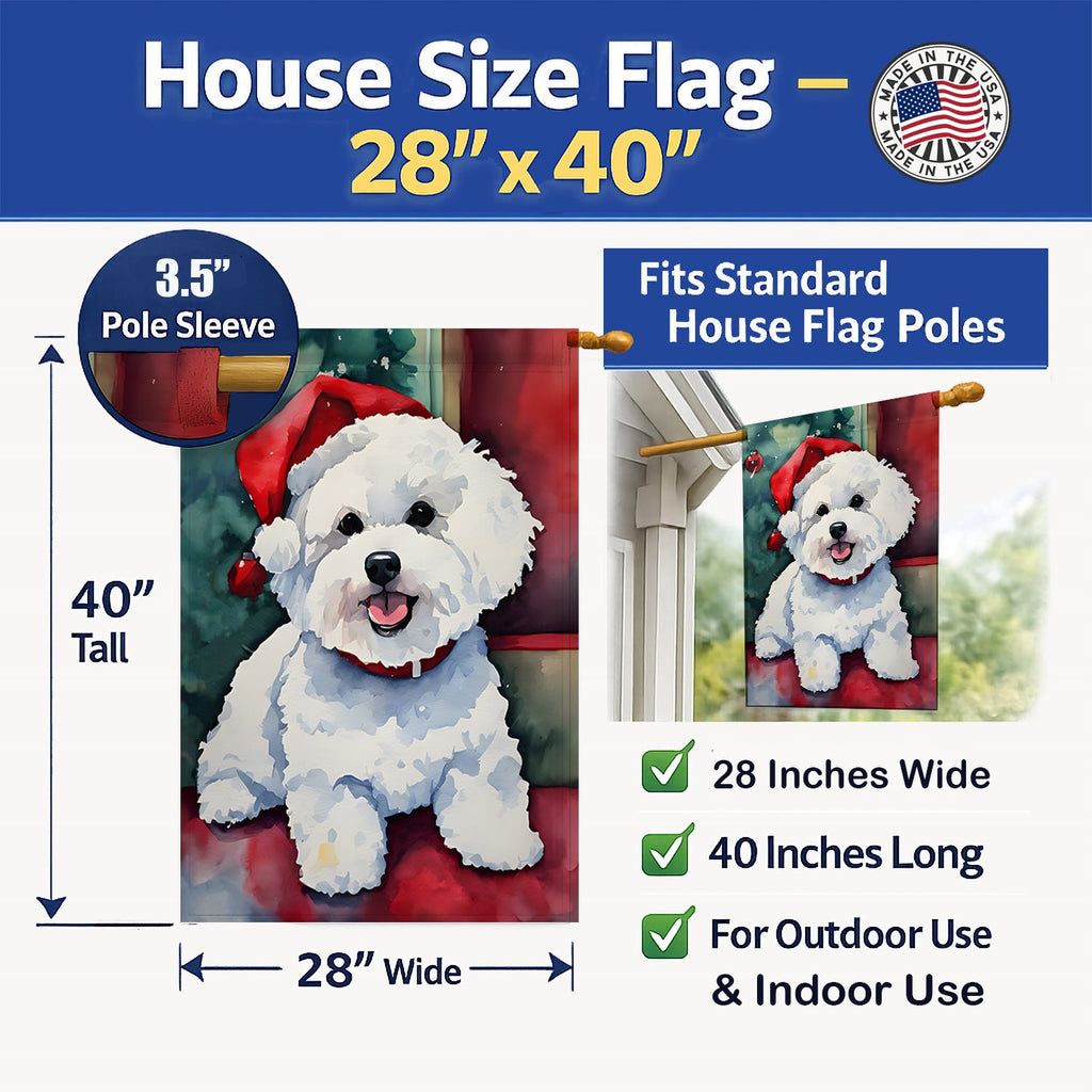 Bichon Frise Christmas House Flag 28x40 Porch Sleeve Pole Decorative Outside Yard Banner Artwork Wall Hanging, Polyester