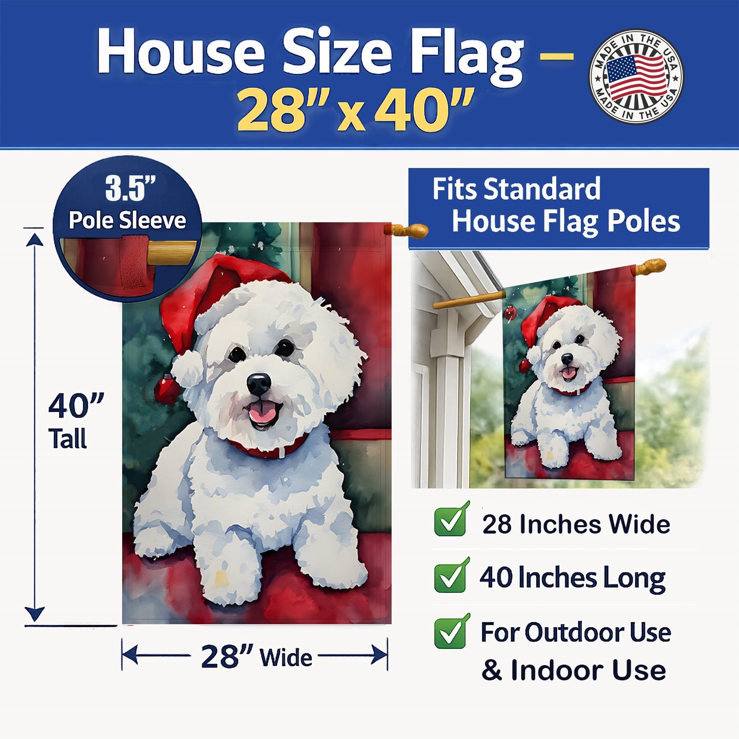 Bichon Frise Christmas House Flag 28x40 Porch Sleeve Pole Decorative Outside Yard Banner Artwork Wall Hanging, Polyester