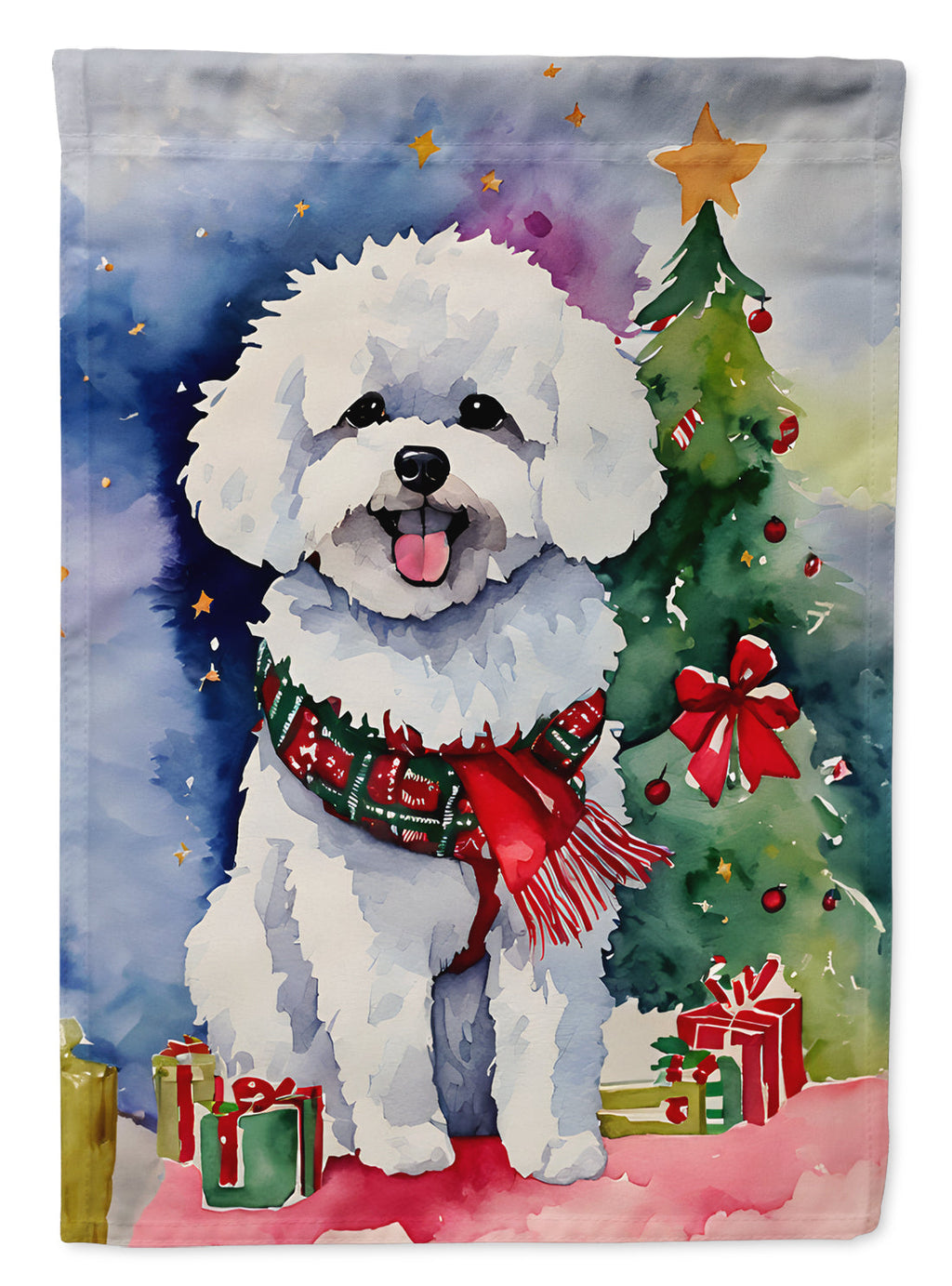 Bichon Frise Christmas House Flag 28x40 Porch Sleeve Pole Decorative Outside Yard Banner Artwork Wall Hanging, Polyester