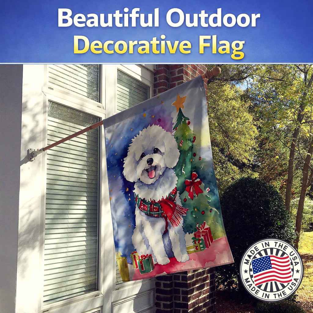 Bichon Frise Christmas House Flag 28x40 Porch Sleeve Pole Decorative Outside Yard Banner Artwork Wall Hanging, Polyester